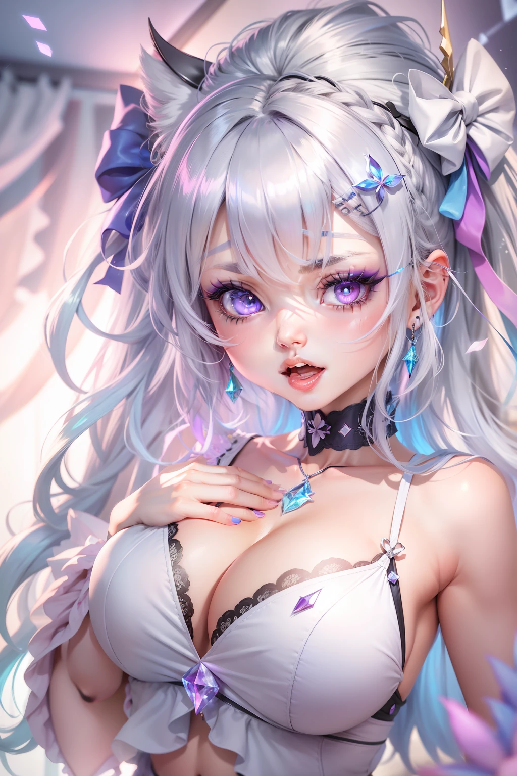 full bodyesbian, nakeness, Bigchest, silver hair, blue hair, hair bow, ribbon, gradient eyes, eyeball, purple eyes, longeyelashes, crystal earrings, open mouth, tongue, ear blush, seductive smile, moaning, torogao, naughty face, light blush, nose blush, oral invitation, first-person view, backlighting, UHD, masterpiece, textured skin, highres