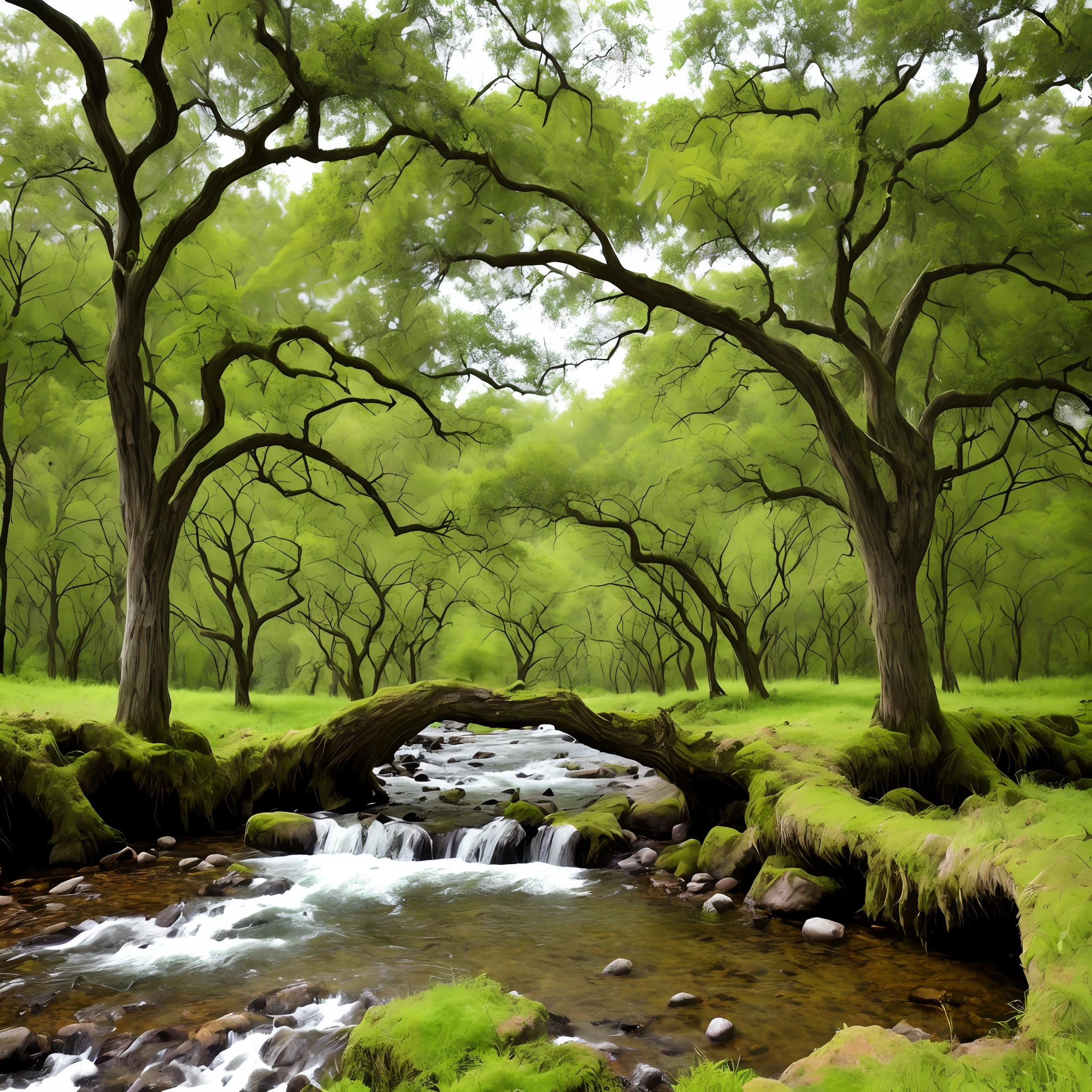 Ancient vines, old trees, faint crows, small bridges, flowing water