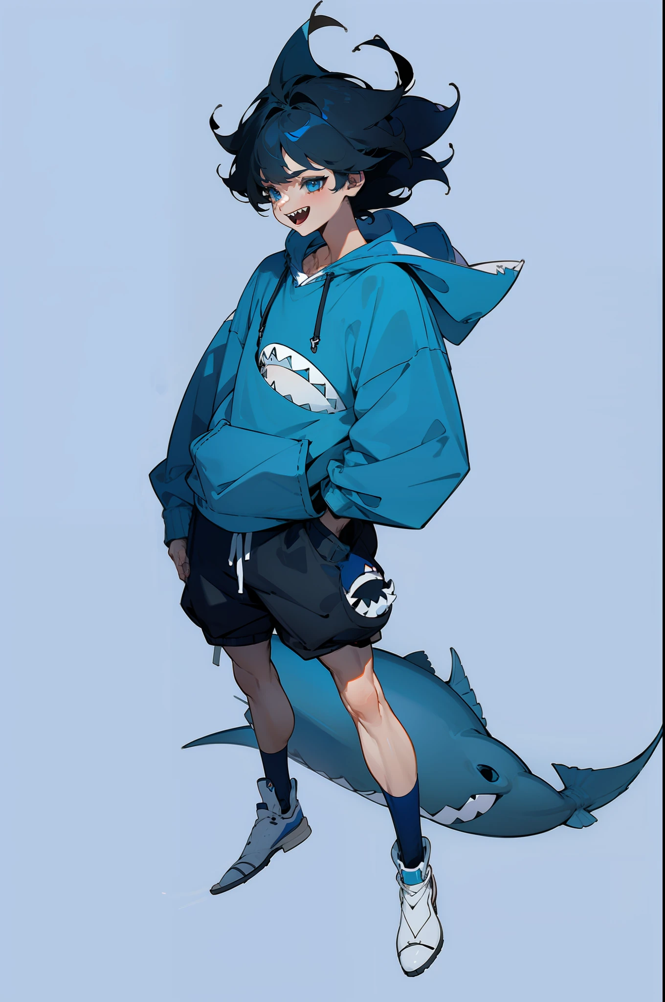 (wearing blue sneakers, attention to detail, short hair) boy with a cheerful smile and shark-like teeth.