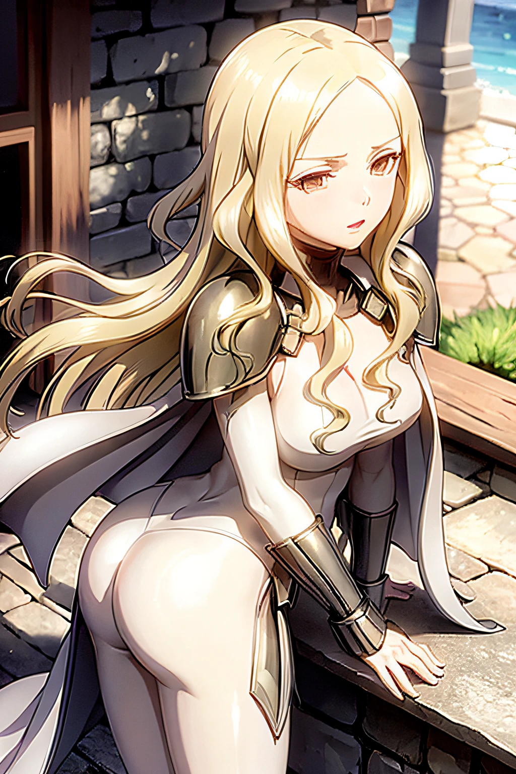 armor,cape,shoulder armor,bodysuit,ass focus,dajianTeresa,wavy hair,pale skin,looking at view,park,(cleavage:0.8),contemptuous expression,best quality
