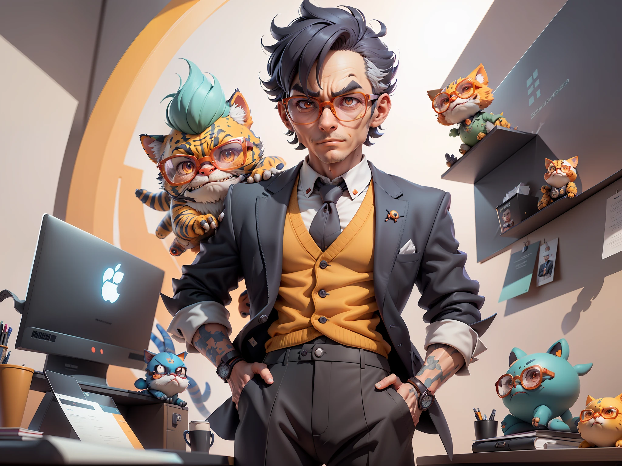 A young man in a suit and pants, Short hair and glasses sat at his desk，holding laptop，digitial painting，tigre，3D character design by Mark Clairen and Pixar and Hayao Miyazaki and Akira Toriyama，4K HD illustration，Very detailed facial features and cartoon-style visuals。