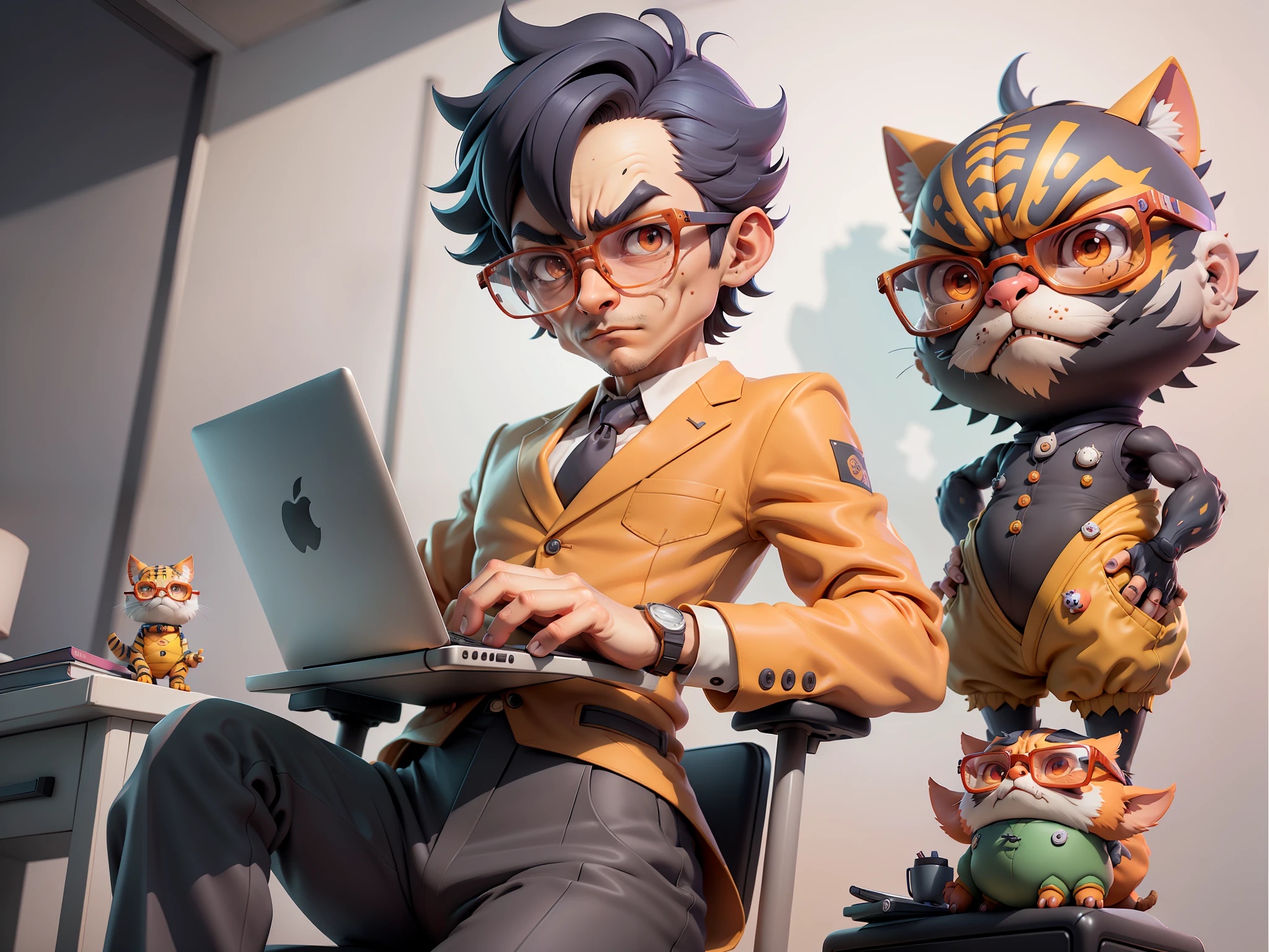 A young man in a suit and pants, Short hair and glasses sat at his desk，holding laptop，digitial painting，tigre，3D character design by Mark Clairen and Pixar and Hayao Miyazaki and Akira Toriyama，4K HD illustration，Very detailed facial features and cartoon-style visuals。