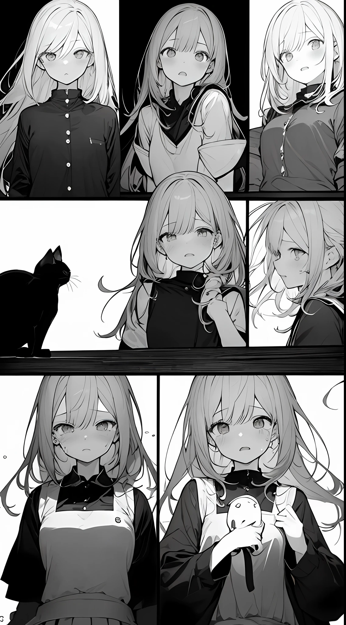 monochrome color, Red Art, grayscales、masterpiece、top-quality、Top image quality、straight haired、Cat's-eye、Hanging eyes、kawaii、crying how bright、suprised、校服、the wind