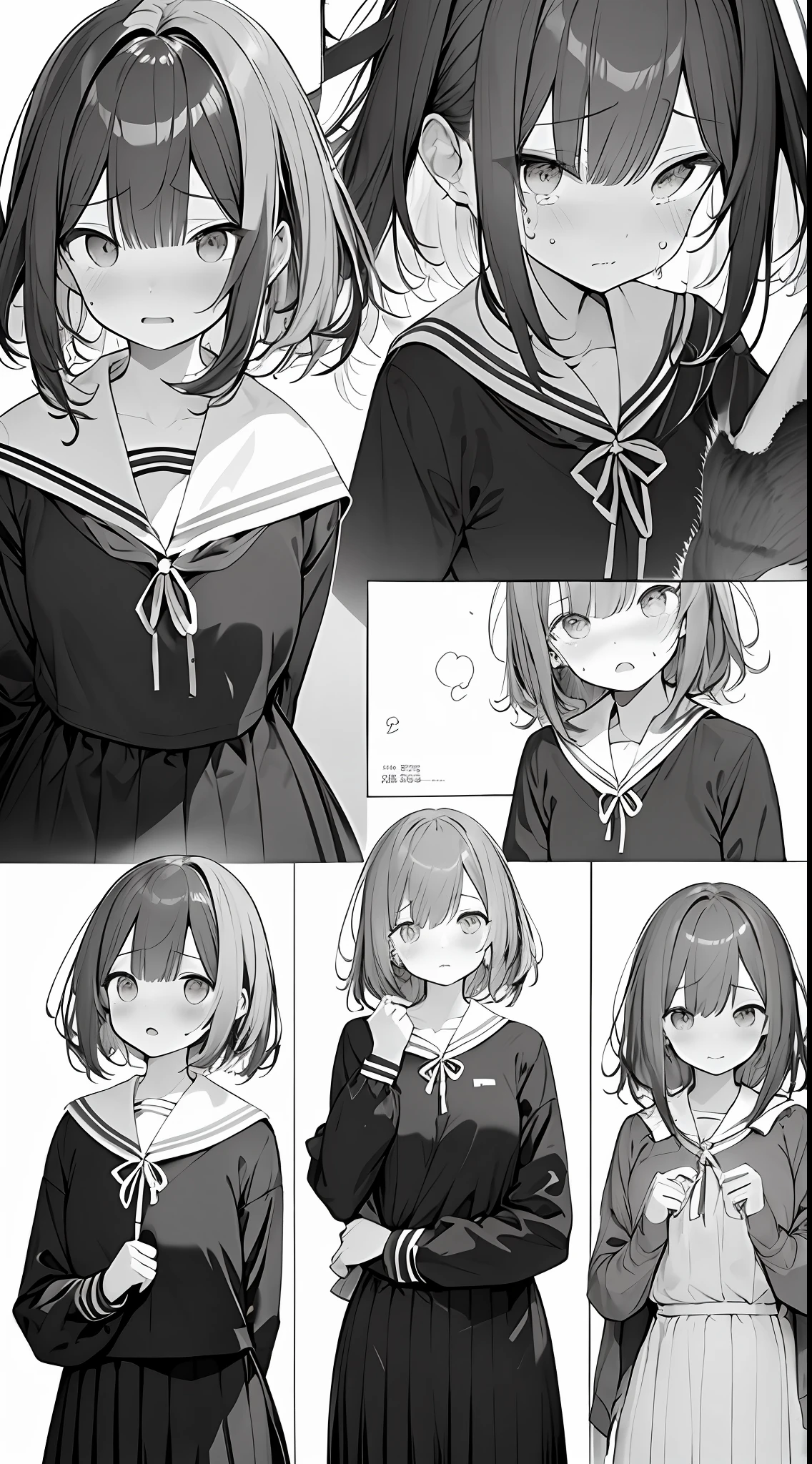 monochrome color, Red Art, grayscales、​masterpiece、top-quality、Top image quality、straight haired、Cat's-eye、Hanging eyes、kawaii、crying how bright、suprised、校服、the wind