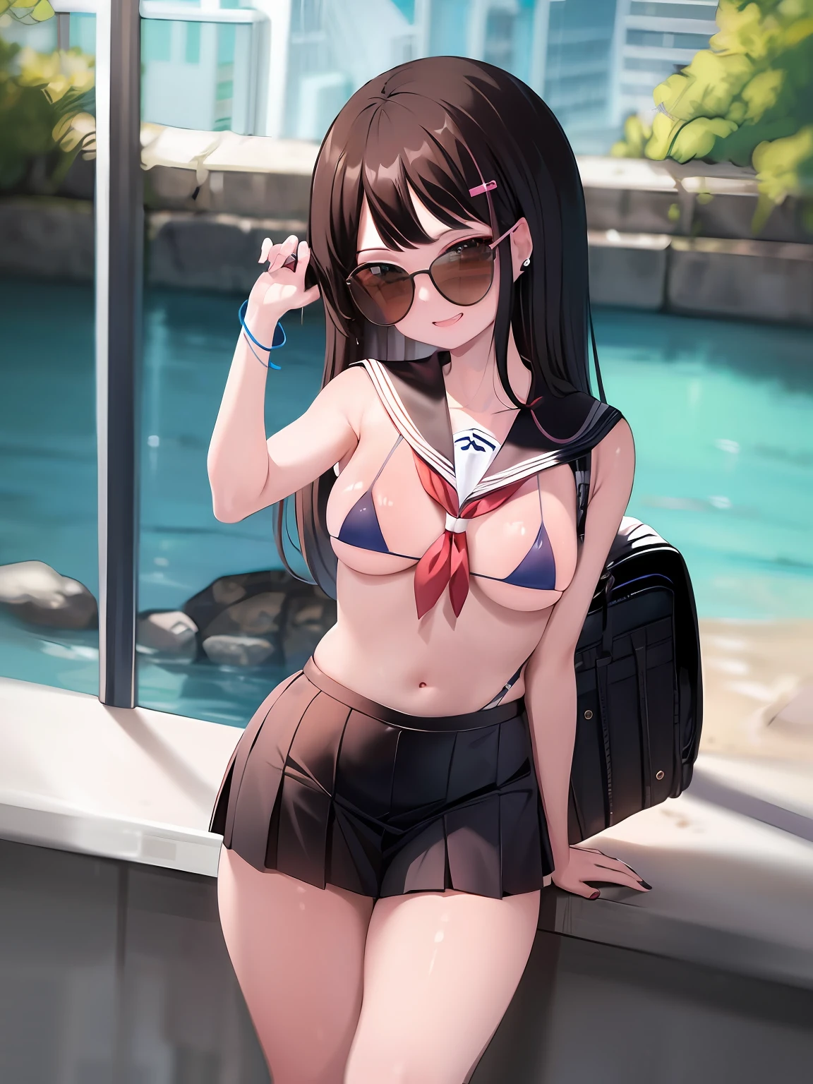 masterpiece, best quality, 1girl, soli, long hair,bikini,school uniform, brown hair,smile,