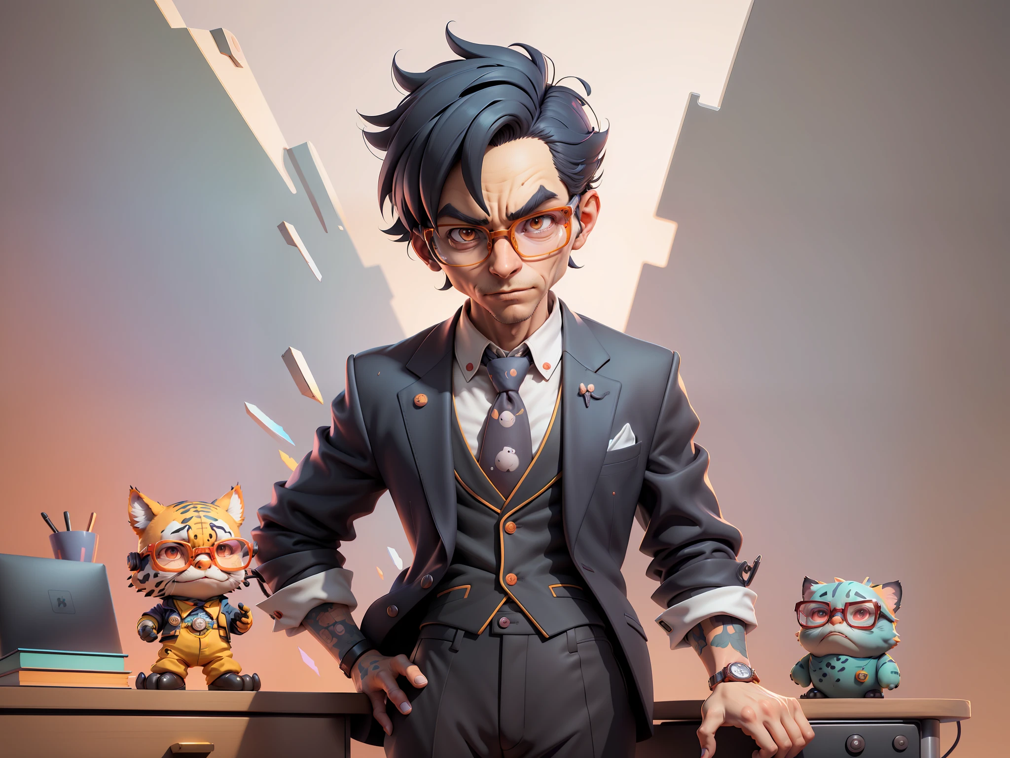 A young man in a suit and pants, Short hair and glasses sat at his desk，holding laptop，digitial painting，tigre，3D character design by Mark Clairen and Pixar and Hayao Miyazaki and Akira Toriyama，4K HD illustration，Very detailed facial features and cartoon-style visuals。