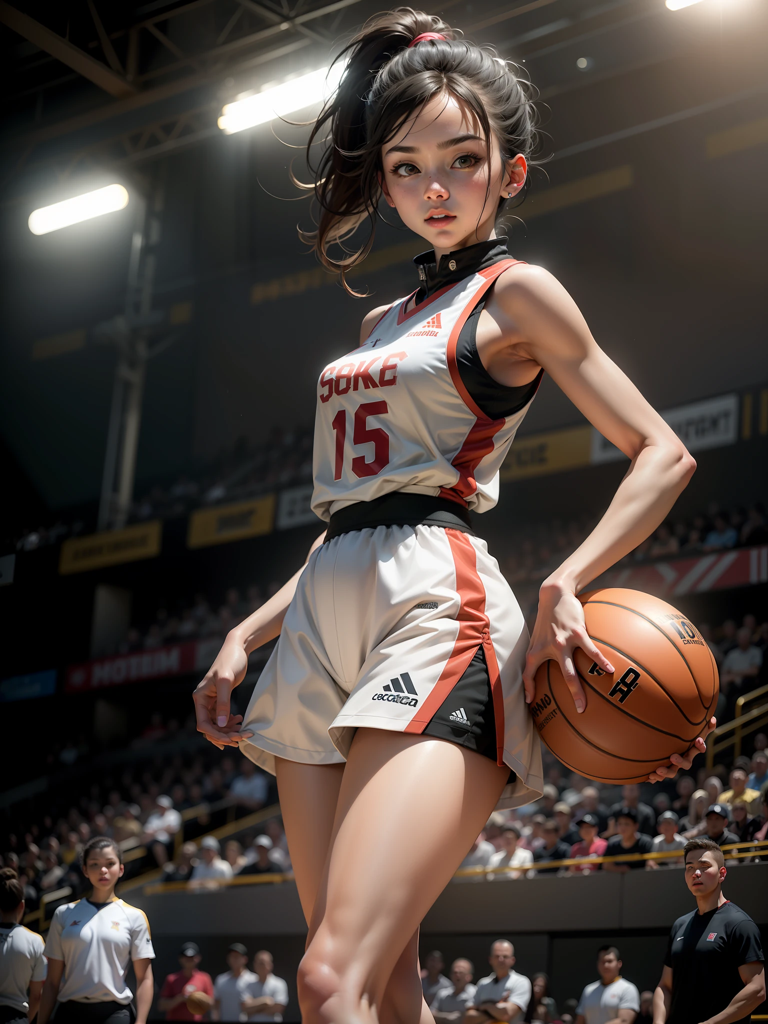 (16K, Best Quality, masterpiece:1.2), ( Photorealsitic:1.37), Ultra-detailed,Best Quality, 超A high resolution, Professional Lighting,Physically-based rendering, Cinematic lighting,dynamic shot, basketball venue,depth of fields, Sharp Focus, Good composition,(Bokeh:1.2) 1girl in,Solo,(nice legs), Beautiful detailed eyes, Narrow waist,basketball uniform,