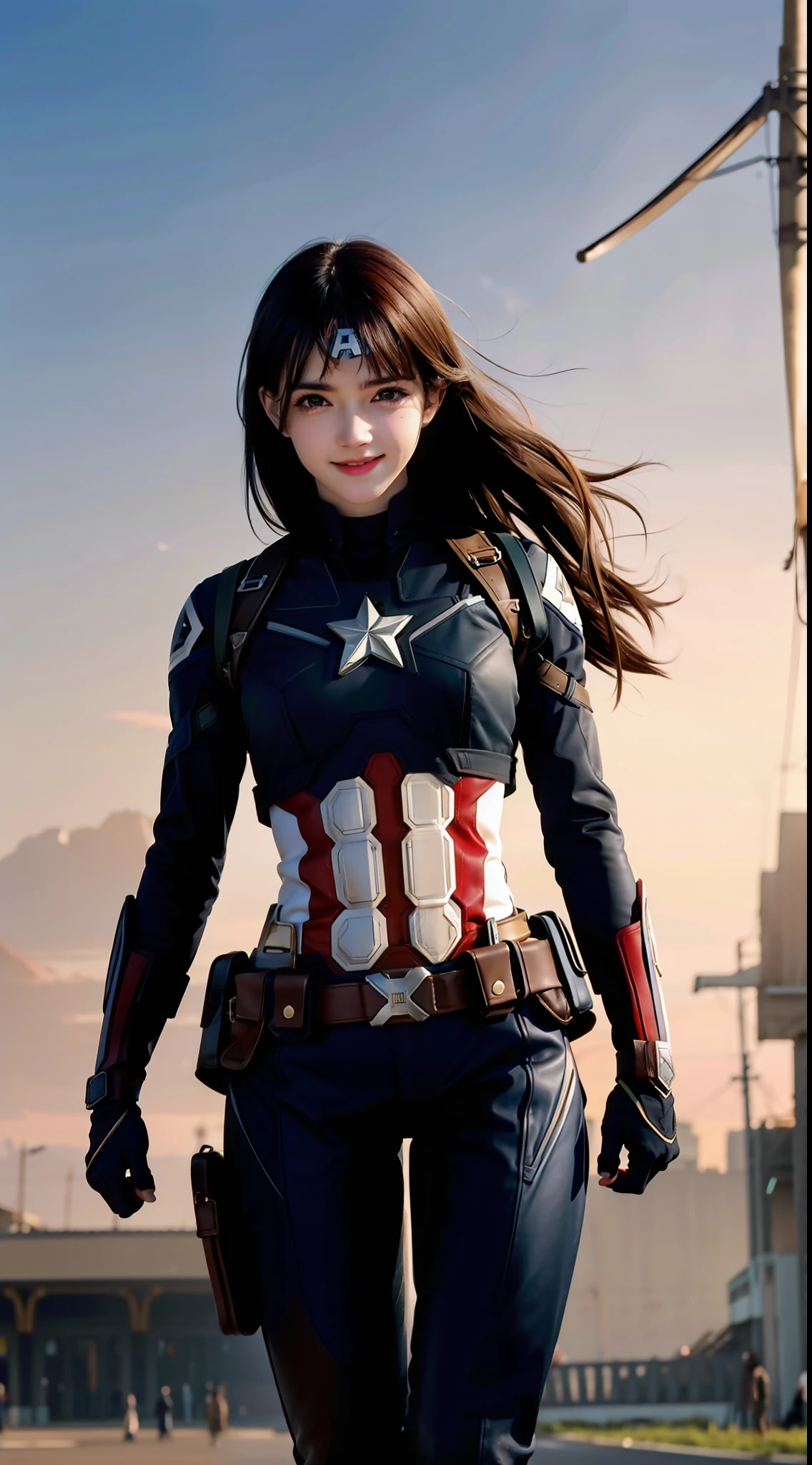 superhero landing,(Emma Watson:0.8),1girl, solo, very long hair,black eyes, smile, standing, dynamic pose, 8k, masterpiece, best quality, absurdres, perfect anatomy, cinematic lighting, cowboy shot, (Captain America costume:1.1), Moderate hips,Leather pants