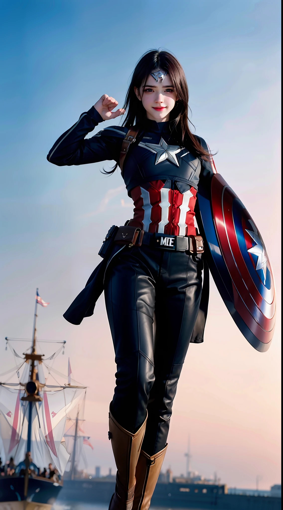 superhero landing,(Emma Watson:0.8),1girl, solo, very long hair,black eyes, smile, standing, dynamic pose, 8k, masterpiece, best quality, absurdres, perfect anatomy, cinematic lighting, cowboy shot, (Captain America costume:1.1), Moderate hips,Leather pants