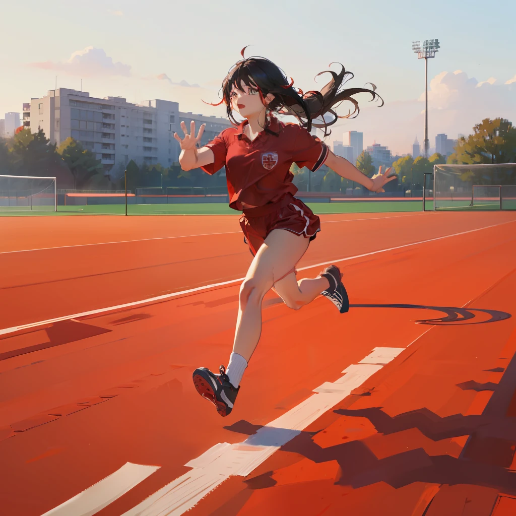 ​masterpiece、hightquality、vivd colour、(((Long Black Hair)))、(((red gym uniform))、(((Adults)))、(((athletic field)))、(((run)))、(((spreading hands)))