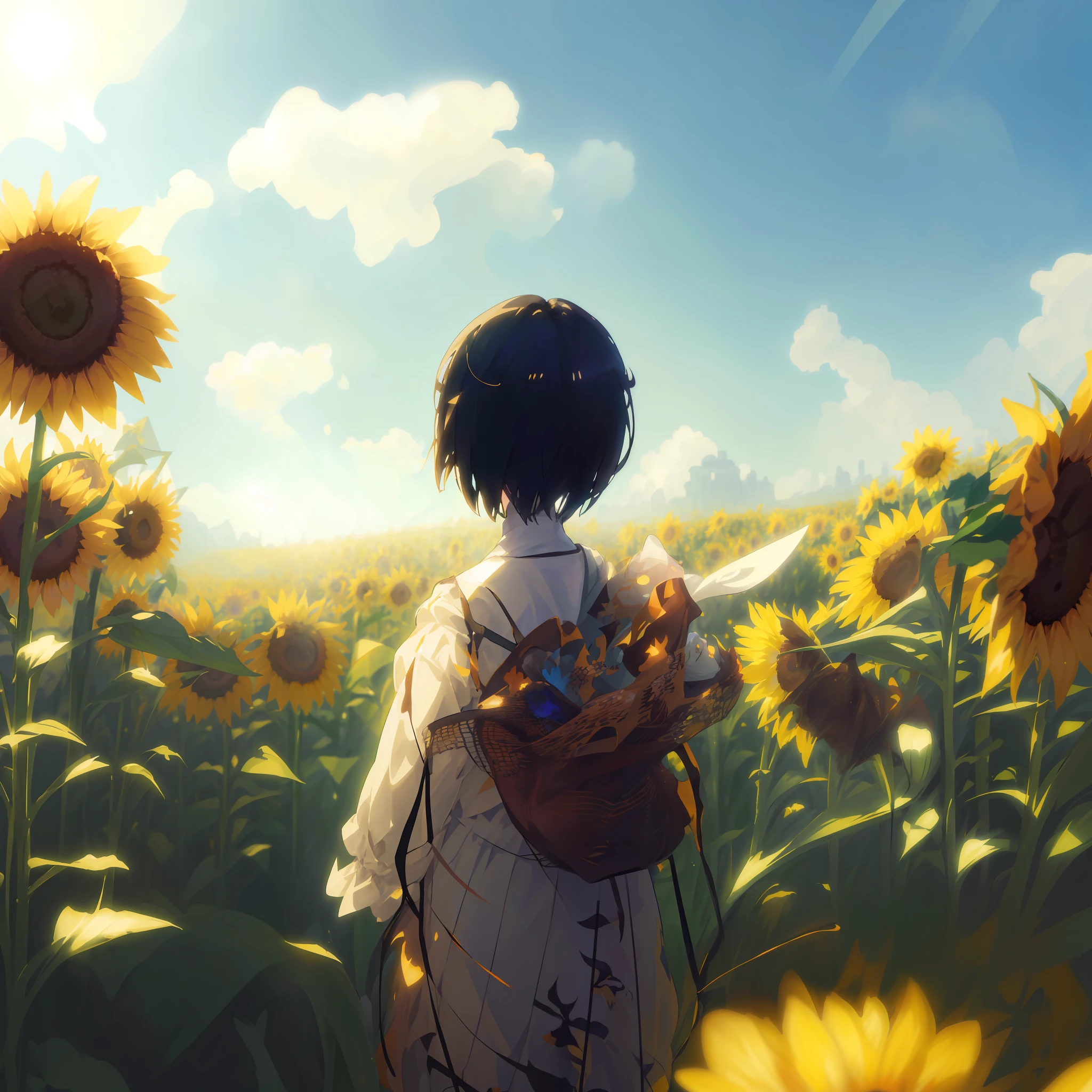 There is a girl standing in a sunflower field, Beautiful sunflower anime girl, realistic anime 3 d style, artwork in the style of guweiz, today's featured anime still, beautiful digital works of art, Octane Render. by makoto shinkai, makoto shinkai cyril rolando, children's art in artstation, girl in flower field, in a sunny day