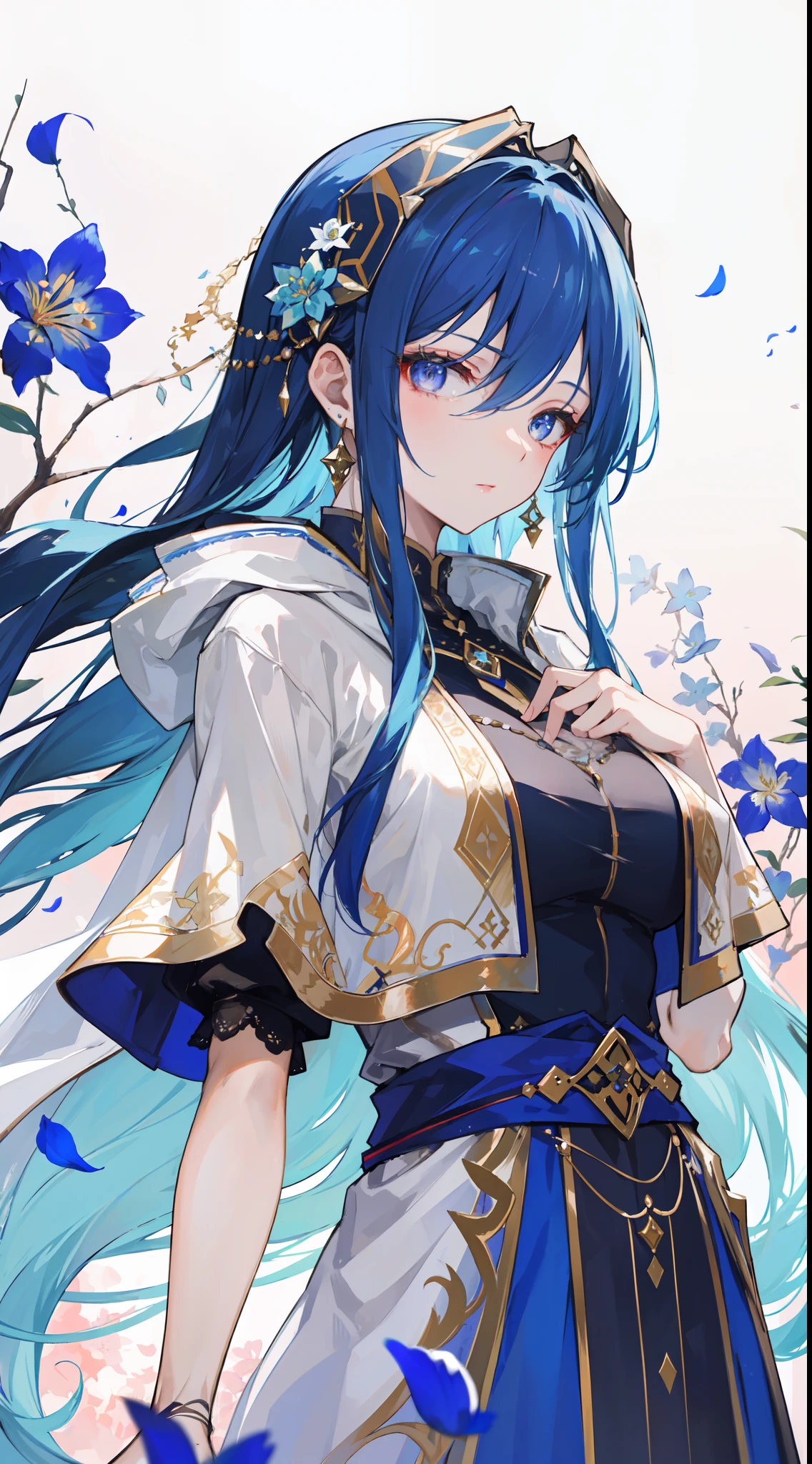 "Epic desert daylight atmosphere, stunning 4k artwork showcasing an elegant girl with her light-blue hair flowing. Her deep purple eyes pierce through the scene as she gracefully dons a white Saintess cloak and hood in the midst of the vast desert. She have blue flowers in her head"