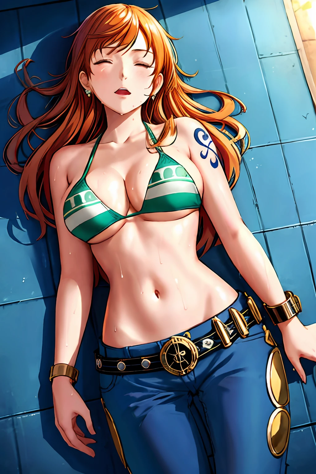 ship deck detailed background, top view shot, masterpiece, 4k, epic, best quality, late youth, adult, milf, athlete body, 1girl, ((wide open mouth, on deck floor, passed out, completely lying down, lying down on her back, knocked out, closed eyes, left hand straight left, right hand straight right)) , solo, nami \(one piece\), 1girl, bangle, (very wet, drenched in sweat, sweat all over body, very missy hair, tired, open mouth, exhausted, sweaty face, sweaty body, bruises, injury, feeling hot, sweating too much, shiny sweat, serious, hurt, glaring, closed eyes, looking up, perfect detailed face, round face, sweat on face) bold drawing lines, muscular arms, detailed bold arm lines, flat jaw, adult woman, wavy wide streaked bangs, floating bang, (big cheeks), bare shoulders, off-shoulders, belt, bikini, bikini top only, bracelet, springy breasts, breast lines, big round eyes, very big brown shiny eyes, bubbles, high eye position, cleavage, day, denim, earrings, floating hair, shiny hair, green belt, green bikini, bold groin lines, jeans, jewelry, medium breasts, log pose, long hair, looking at viewer, long navel, wet hair, orange hair, pants, shoulder tattoo, sidelocks, sky, solo, stomach, swimsuit, tattoo, detailed arms, big forehead, hourglass figure, small head, toned body, wide hair, wind effect, sun effect, under the sun, narrow small ears angle, older