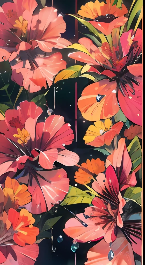 hibiscus Moon with water drops,neon glow, random background, sun rise, bokha mood