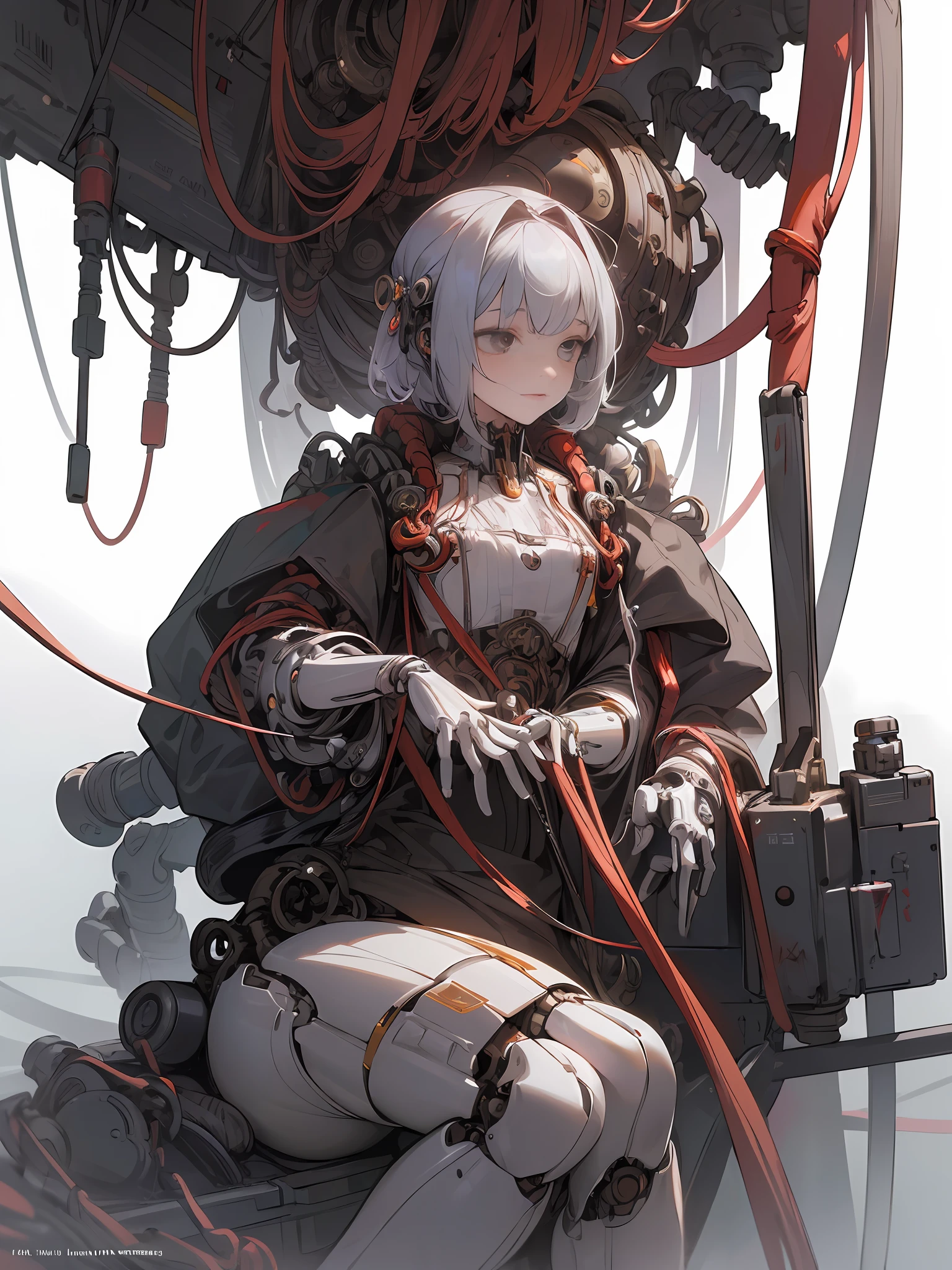 (Masterpiece, Top Quality, Best Quality, Official Art, Beautiful Indulgence: 1.2), (1 Girl: 1.3), Very Detailed, Colorful, Supreme Detail ((Ultra Detailed)), (Highly Detailed CG Illustration), ((From (Very Delicate and Beautiful)), (From Before), Cinematic Light, (1 Mechanical Girl)), Solo, Full Body, (Mechanical Joints: 1.2), ((Mechanical limbs)), (Blood vessels connected to tubes), ( Mechanical vertebrae attached to the back), ((Mechanical cervical vertebrae attached to the neck)), (sitting), expressionless, (wires and cables attached to the neck: 1.2), (Wires and cables attached to the neck: 1.2), (Character focus), science fiction, white background, (Blood: 1.5)