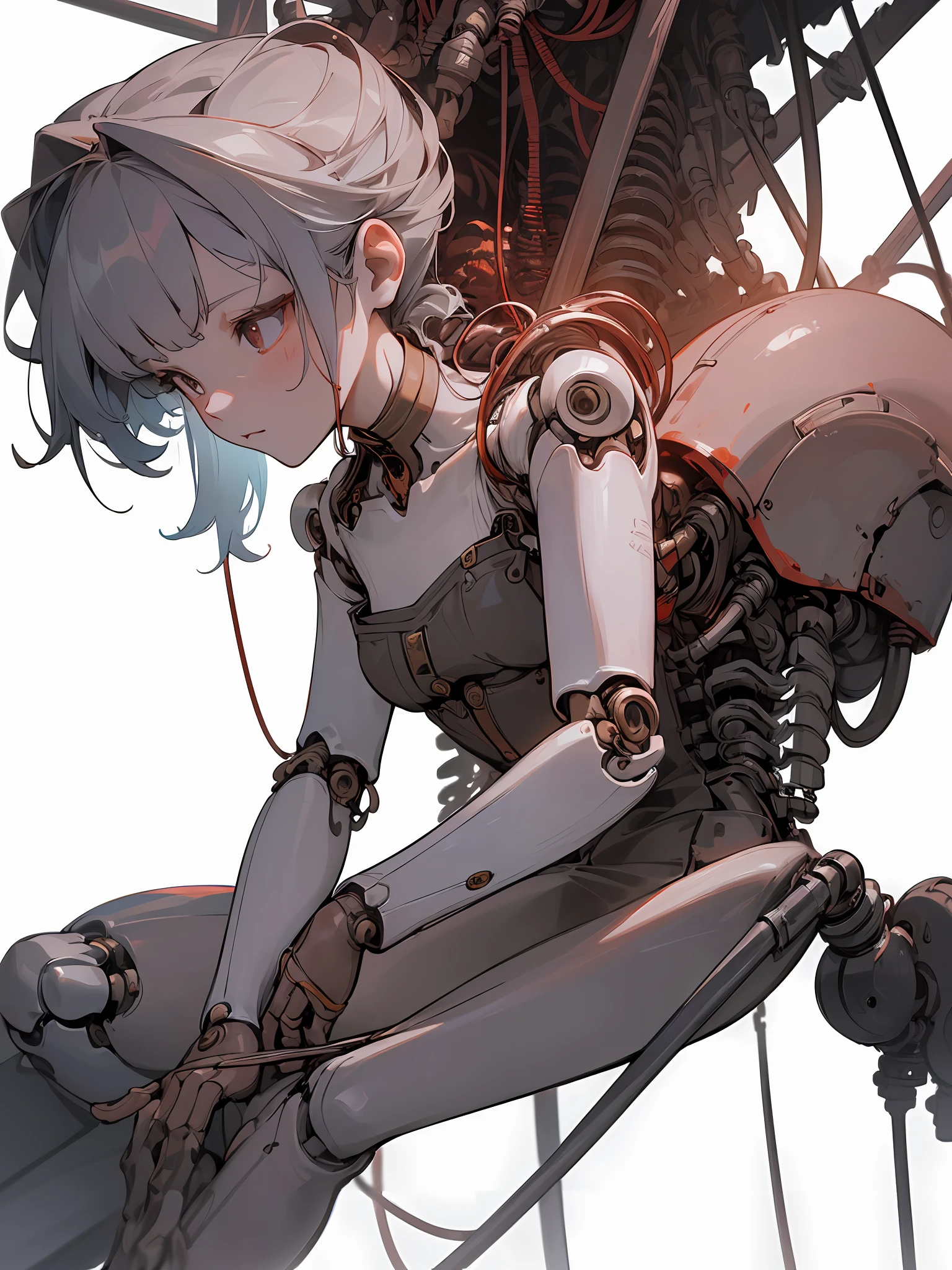 (Masterpiece, Top Quality, Best Quality, Official Art, Beautiful Indulgence: 1.2), (1 Girl: 1.3), Very Detailed, Colorful, Supreme Detail ((Ultra Detailed)), (Highly Detailed CG Illustration), ((From (Very Delicate and Beautiful)), (From Before), Cinematic Light, (1 Mechanical Girl)), Solo, Full Body, (Mechanical Joints: 1.2), ((Mechanical limbs)), (Blood vessels connected to tubes), ( Mechanical vertebrae attached to the back), ((Mechanical cervical vertebrae attached to the neck)), (sitting), expressionless, (wires and cables attached to the neck: 1.2), (Wires and cables attached to the neck: 1.2), (Character focus), science fiction, white background, (Blood: 1.5)