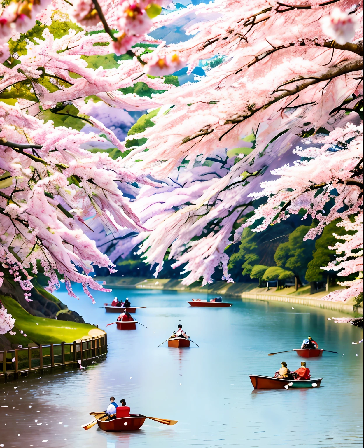 several people are in row boats on a river with cherry trees, japan nature, sakura trees, sakura season, cherry blossom trees, lush sakura trees, cherry blossom forest, cherry blossoms, by Tadashi Nakayama, under sakura tree, cherry blossom, beautiful image, cherry blossom falling, beautiful place, sakura bloomimg, beautiful nature, very beautiful scenery