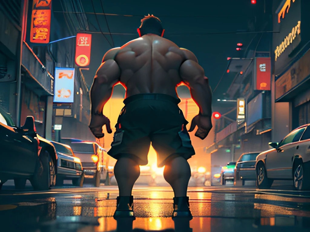 landscape, neon, 1boy, best quality, mature male, muscular male, (bala chunky: 1.5), bala daddy, thick arms, thick legs, sweatpants, full body, fat, realistic photo, masterpiece, naked upper body, male, shorts, short hair, strong, (pectoralis major: 0.7), tough guy, giant root, (bare upper body: 1.2), smile, look forward, masterpiece, best quality, 8k, original photo, night, street, (buildings, hong kong, siege of Kowloon, Humidity:1.2), Asian Shopping District, (Clear Focus, Wide Lens, Dark Background:1.8), Rain, Fog, (Perspective, Depth of Field, Bleaching bypass:1.4), Realistic, High resolution, Ultra detail, Film lighting, Film grain, Chromatic aberration