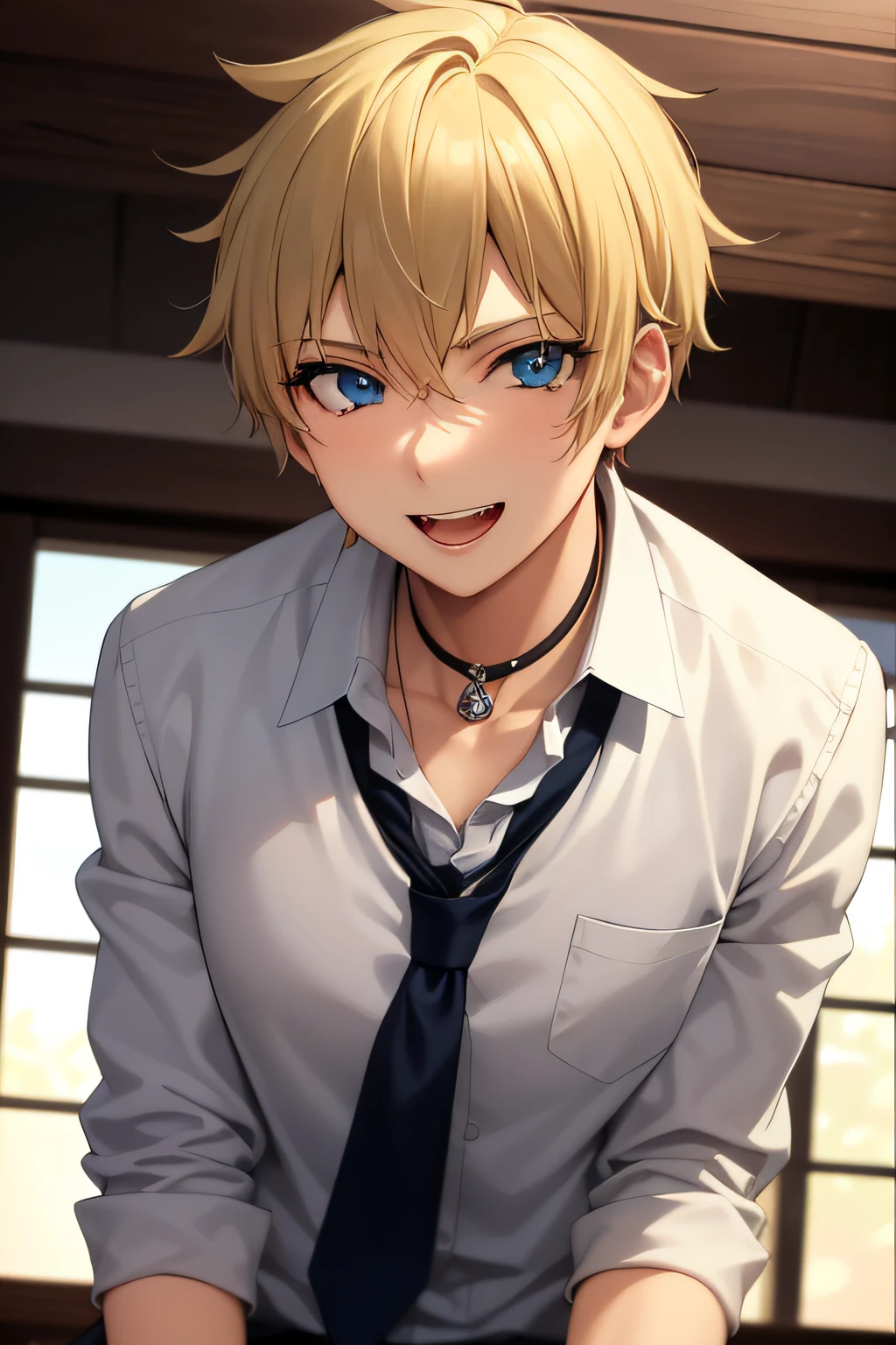 obra-prima, melhor qualidade, alta qualidade, 1boy, solo, foco masculino, olhando para o espectador blue eyes, roupas coladas de couro, badass, sorrindo, parte superior do corpo, liberta_arcana_famiglia