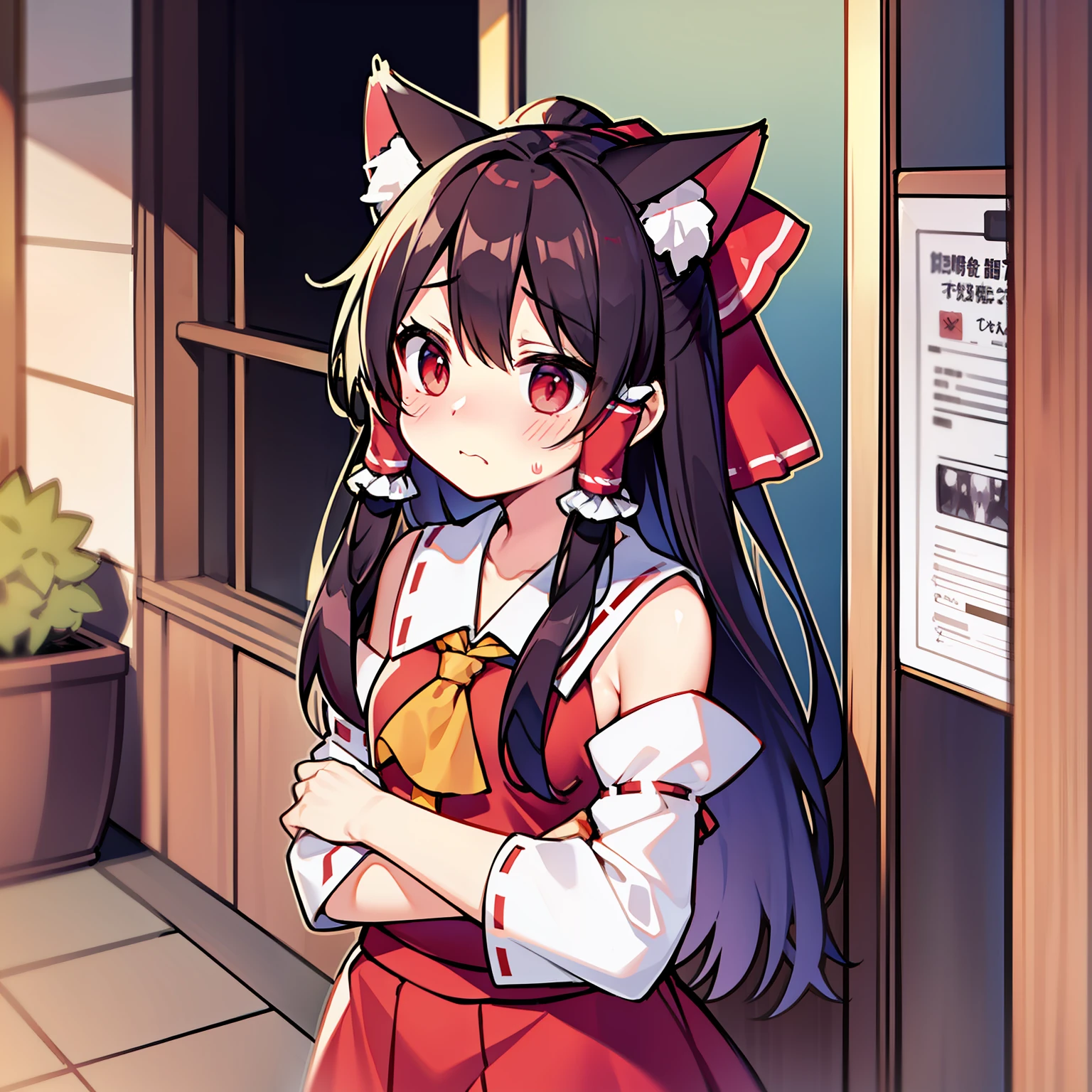 Borei Reimu、cat ear、embarrassed from、is standing、Red ribbons