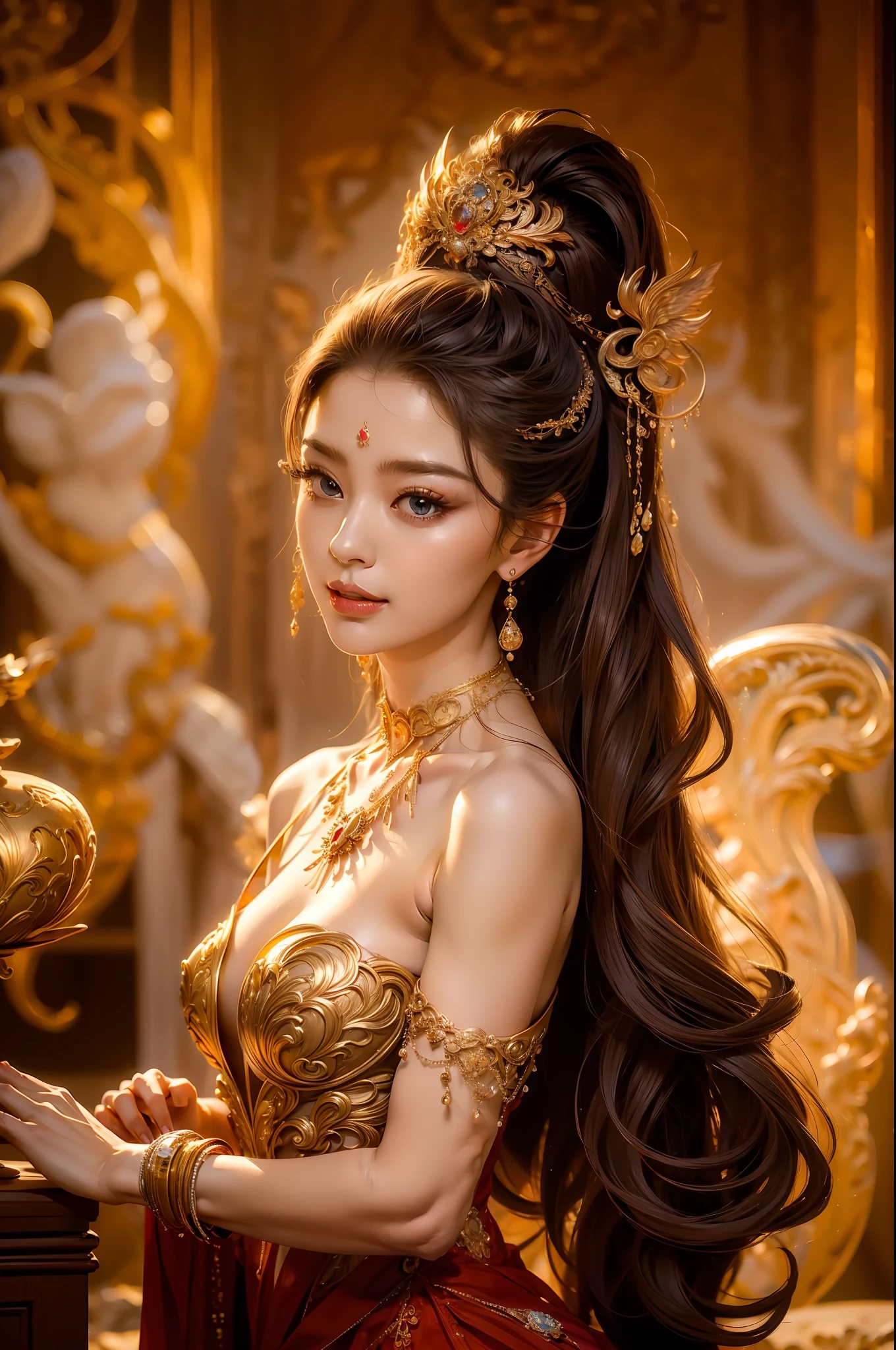 Noble goddess，Elegant temperament，mystical ambiance，Best quality、tmasterpiece、A high resolution、1girll、Sheer silk porcelain dress、Nice face、Busty body，hair adornments、looking at viewert、ssmile、Shut your mouth、cparted lips、shift dresses、hair adornments、choker necklace、jewely、long whitr hair、耳Nipple Ring、pretty  face、（Keep one's mouth shut），Sit in a golden chair，Ancient mythology、Ancient palaces，Luxurious and detailed background、hentail realism、profesional lighting、edge lit、bicolor lighting、（highdetailskin：1.2）、8K, Ultra HD、Digital SLR、softlighting、high high quality，Volumetriclighting，photore，High resolution 4K，8K，blur backgroun，hight contrast，largeaperture，automatic white balance，cinematic compositions，realisticlying，（from below）。