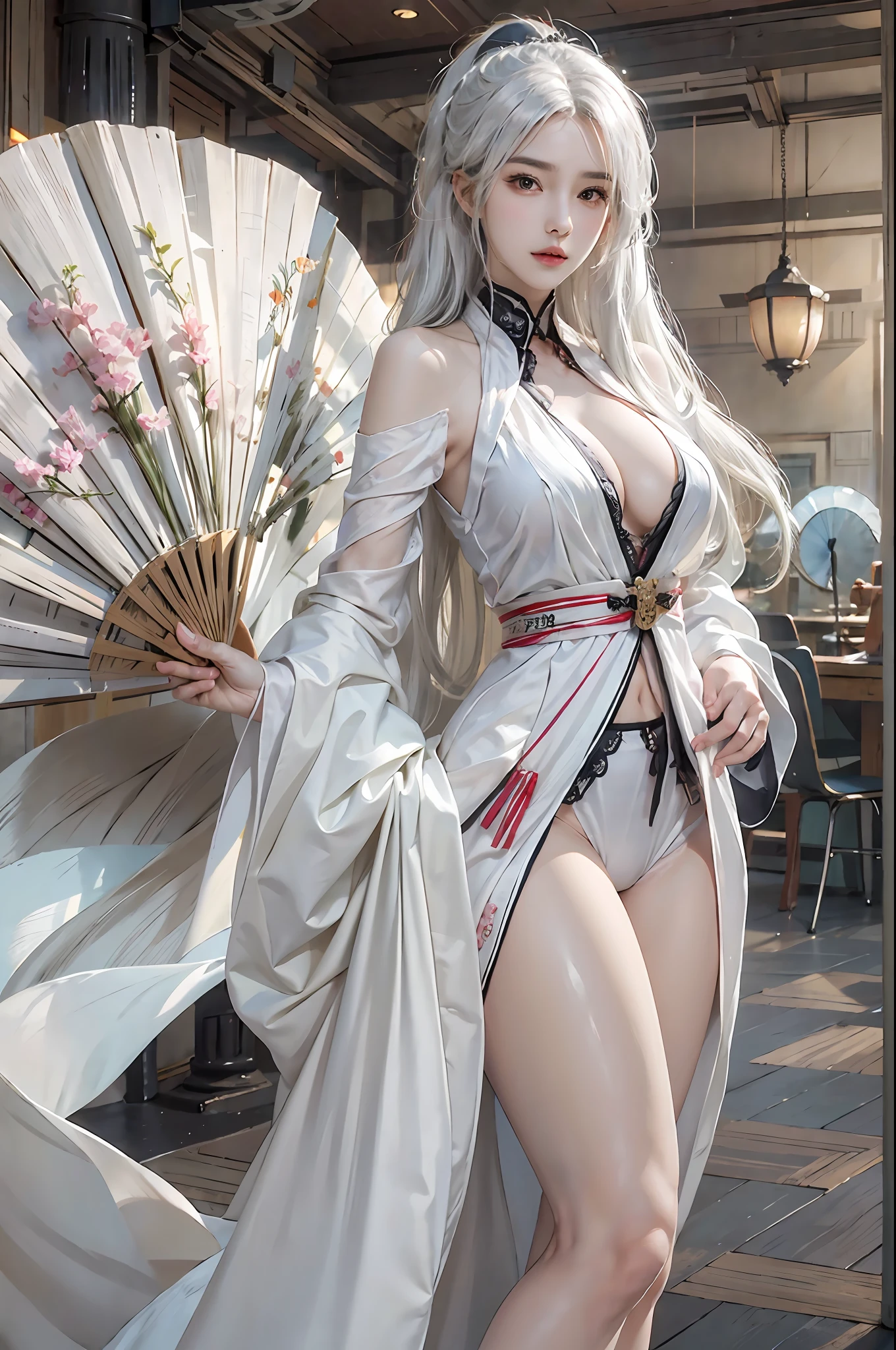 photorealistic, high resolution, 1women, solo, hips up, look at viewer, (detailed face), white hair, long hair, shiranui_mai_suit, pelvic curtain,hand fan