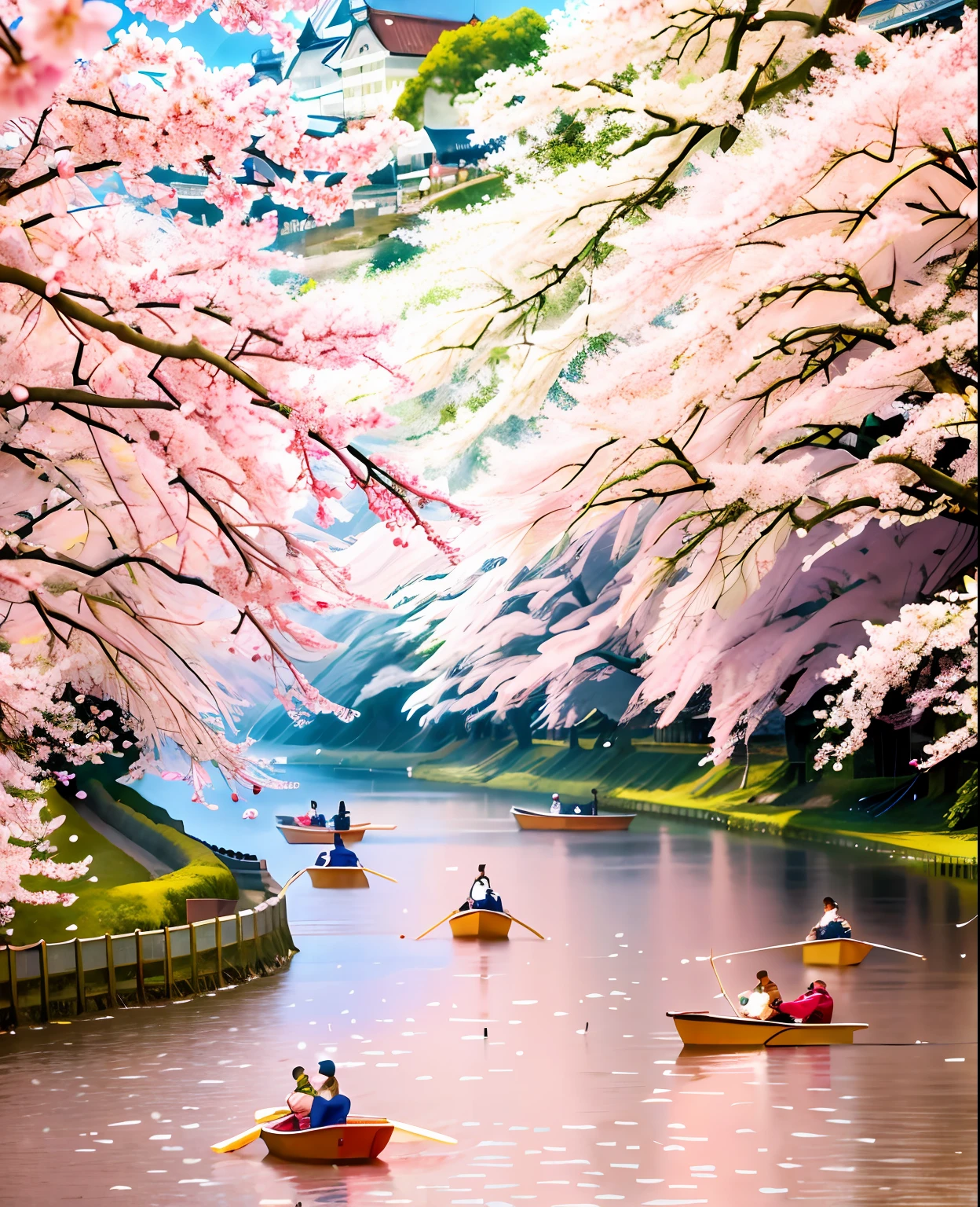 several people are in row boats on a river with cherry trees, japan nature, sakura trees, sakura season, cherry blossom trees, lush sakura trees, cherry blossom forest, cherry blossoms, by Tadashi Nakayama, under sakura tree, cherry blossom, beautiful image, cherry blossom falling, beautiful place, sakura bloomimg, beautiful nature, very beautiful scenery