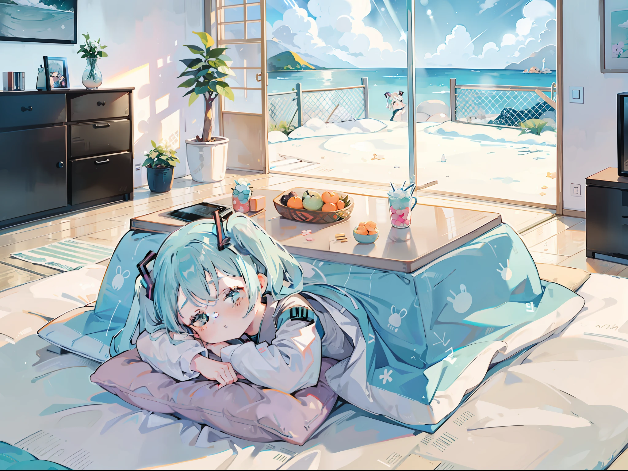 1 girl in, ((miku hatsune))、sleep、Kotatsu, The table, sleepeace, down face, Light blue hair, Winters, Upper body,mikan, reflective light,, Ultras_Detailed:1.2