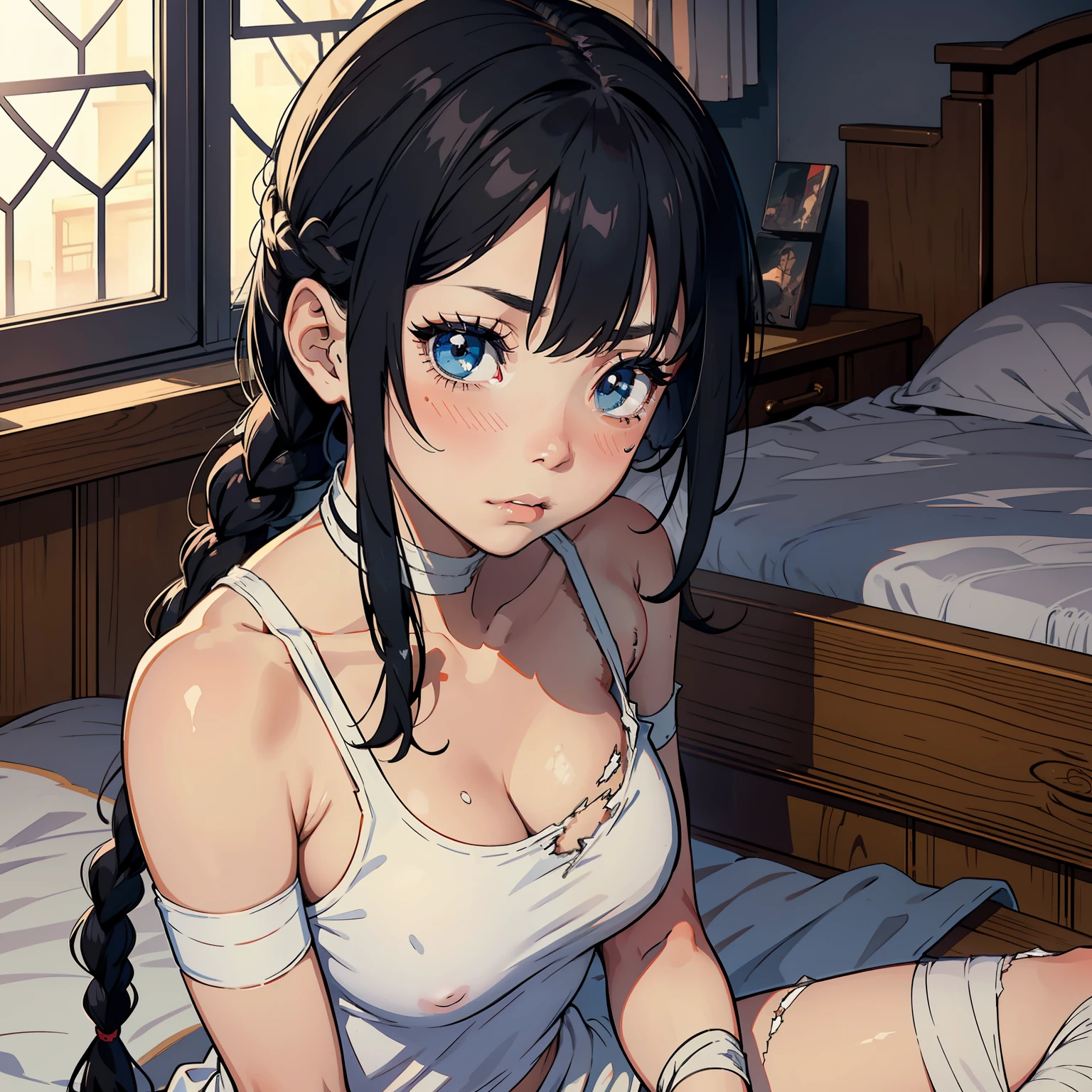 "Petite woman with black hair, sporting double braids, wearing torn clothes, sits on a bed. She has a worried expression, cute eyes, and slightly injured bare skin. Her lips are parted, showing a deep blush. She is holding a bandage."