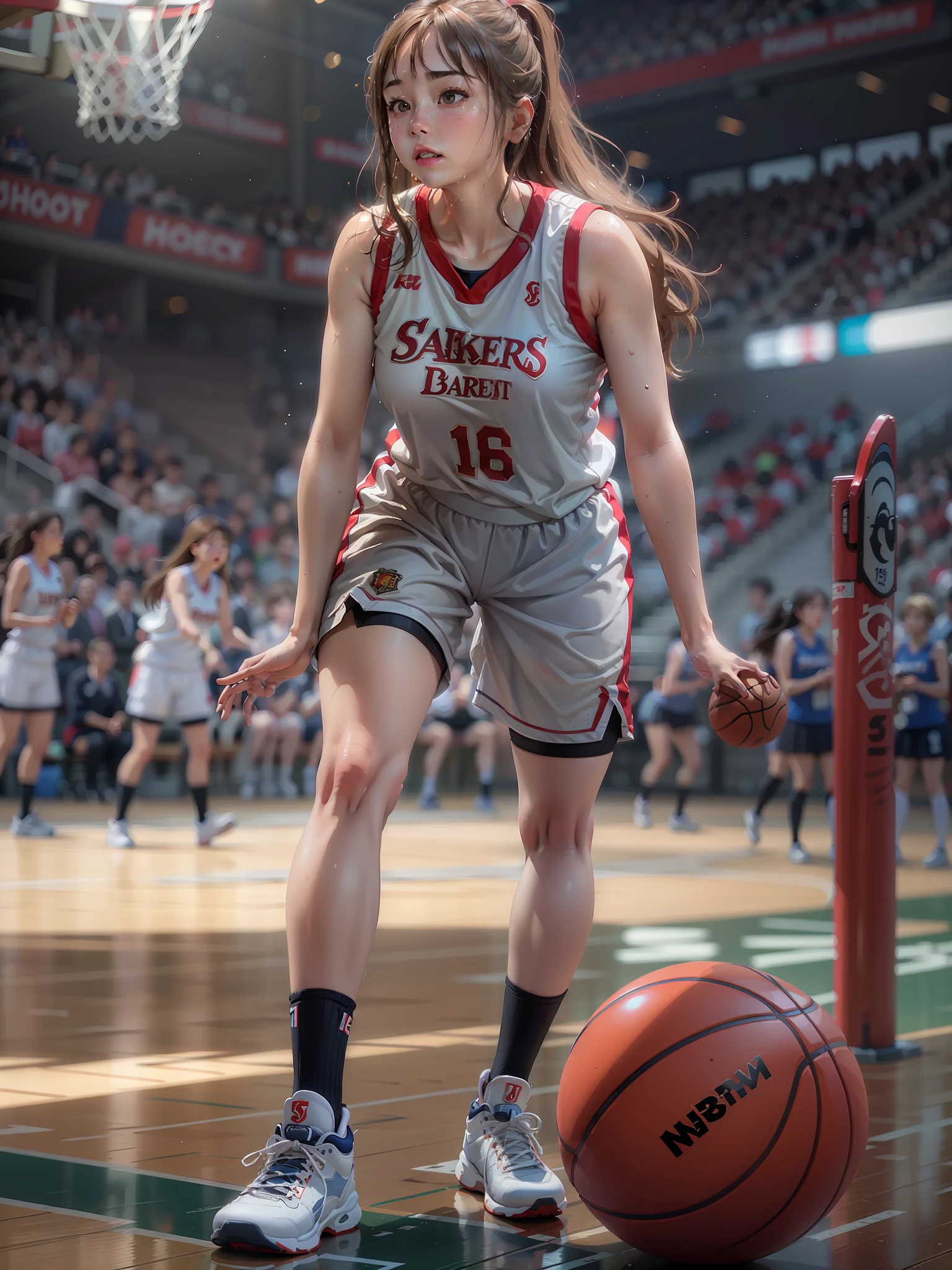 (16K, Best Quality, masterpiece:1.2), ( Photorealsitic:1.37), Ultra-detailed,Best Quality, 超A high resolution, Professional Lighting,Physically-based rendering, Cinematic lighting,dynamic shot, basketball venue,depth of fields, Sharp Focus, Good composition,(Bokeh:1.2) 1girl in,Solo,(nice legs), Beautiful detailed eyes, wet skins,sweat, Narrow waist,basketball uniform,