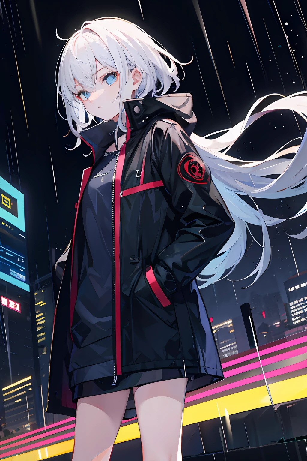 1girl, Night City, rain, coat, hands in pockets