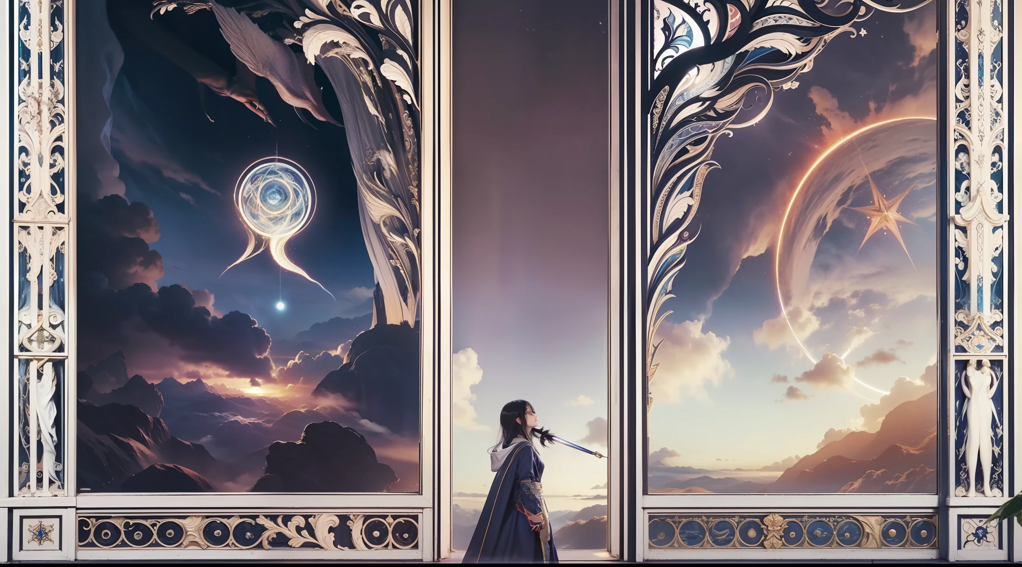 Above the rising clouds,Night, Dark, (Fantasy),infinite,deep blue sky,The abyss of knowledge,Cowledge,((masutepiece)), (((Best Quality))),((Beautiful fine eyes)),(Eye lashes)、Realistic clouds、Very beautiful face、The ultra -The high-definition、Beautiful girl who can obey a giant like a Karakuri doll、(女の子1人)、Black hair、The long-haired、abyss eyes、glowy skin、oils、small tits、Perfect human body structure、Wizard robes、tattered cloth、Realistic coat、Teenchi、Super delicate CG Unity 32k wallpaper、photoRealstic、masterpiece, ((ultra-detailliert)), ((illustratio)),colourfull,wall-paper,The energy,Unknown terror,Incomprehensible,Around the magic,Magical surroundings,magic wands,Boken,Flying pages,Know everything,Predict the future、Get to know the past、Infinite wisdom、blue flames、Warlock、magic circles、Pentagram、Spells、mantra、Singing magic