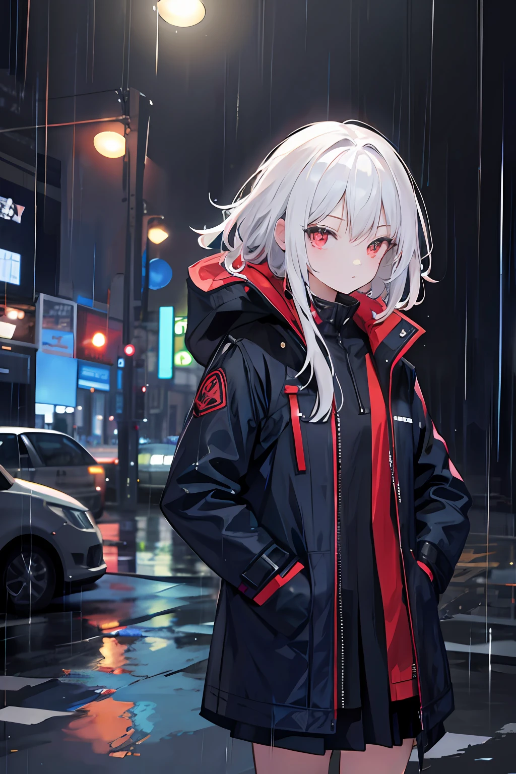 1girl, Night City, rain, coat, hands in pockets