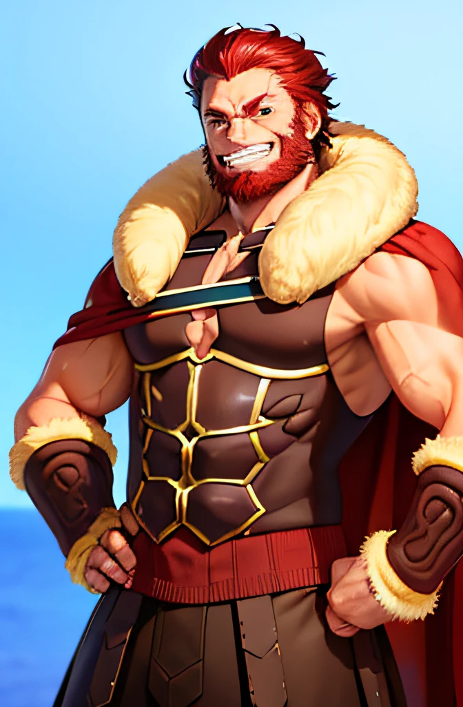 (masterpiece, best quality:1.2), cowboy shot, solo, male focus, 1boy, iskandar, mature male, muscular male, grin, looking at viewer, hands on hips, armor, fur-trimmed cape