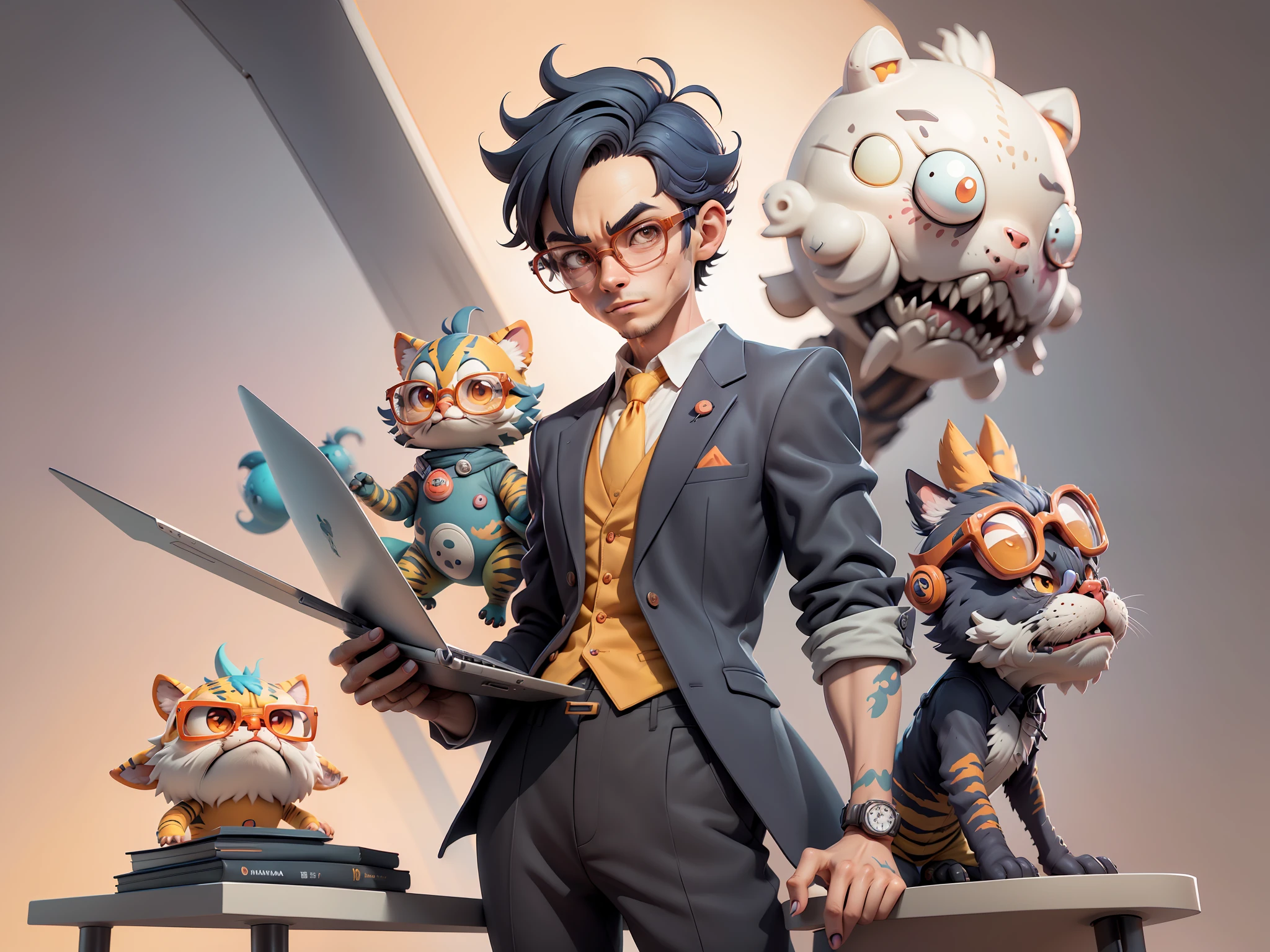 A young man in a suit and pants, Short hair and glasses sat at his desk,holding laptop,digitial painting,tigre,3D character design by Mark Clairen and Pixar and Hayao Miyazaki and Akira Toriyama,4K HD illustration,Very detailed facial features and cartoon-style visuals。