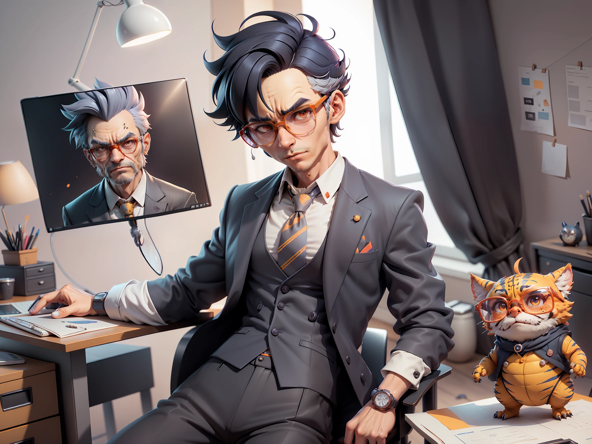 A young man in a suit and pants, Short hair and glasses sat at his desk，holding laptop，digitial painting，tigre，3D character design by Mark Clairen and Pixar and Hayao Miyazaki and Akira Toriyama，4K HD illustration，Very detailed facial features and cartoon-style visuals。