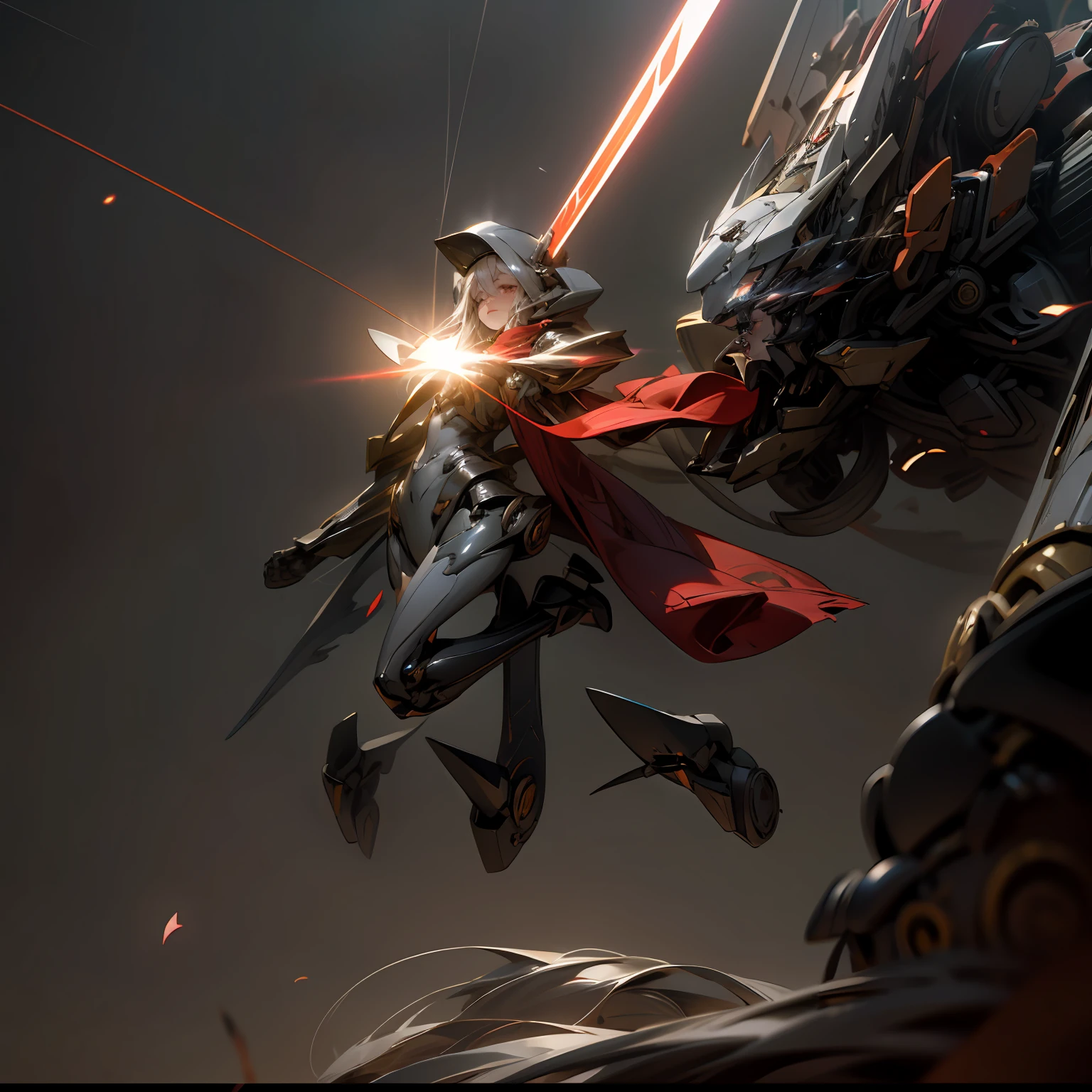 A beautiful game CG with the Doomsday theme as the main body, hyper-detailed, this is a light black and light white complex structure of the mecha, its hands hold a broad heavy armor sword, emitting a fiery red light: 1.2, the eyes emit dazzling red light: 0.8, 3D two-dimensional drawing, the scarf of breaking waves sways with the wind, anime drawing, chiaroscuro, light special effects, mecha detailed and exquisite, mecha face delicate and clear, light source on the eyes, background burning fire of the broken mechanical battlefield