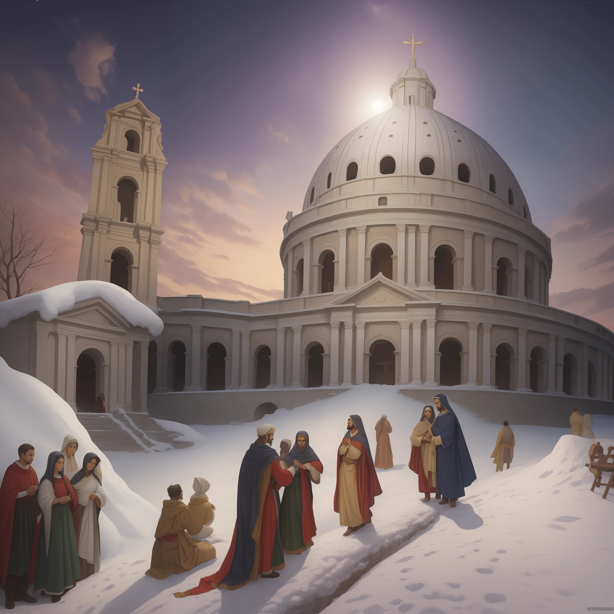 Desenhe uma imagem que ilustre a lenda de Nossa Senhora das Neves, which tells the story of a Roman couple who asked Our Lady for guidance on what to do with their possessions and received a message in dreams to build a basilica on the hill of Rome that would appear covered in snow the next day, seculo IV DEC
