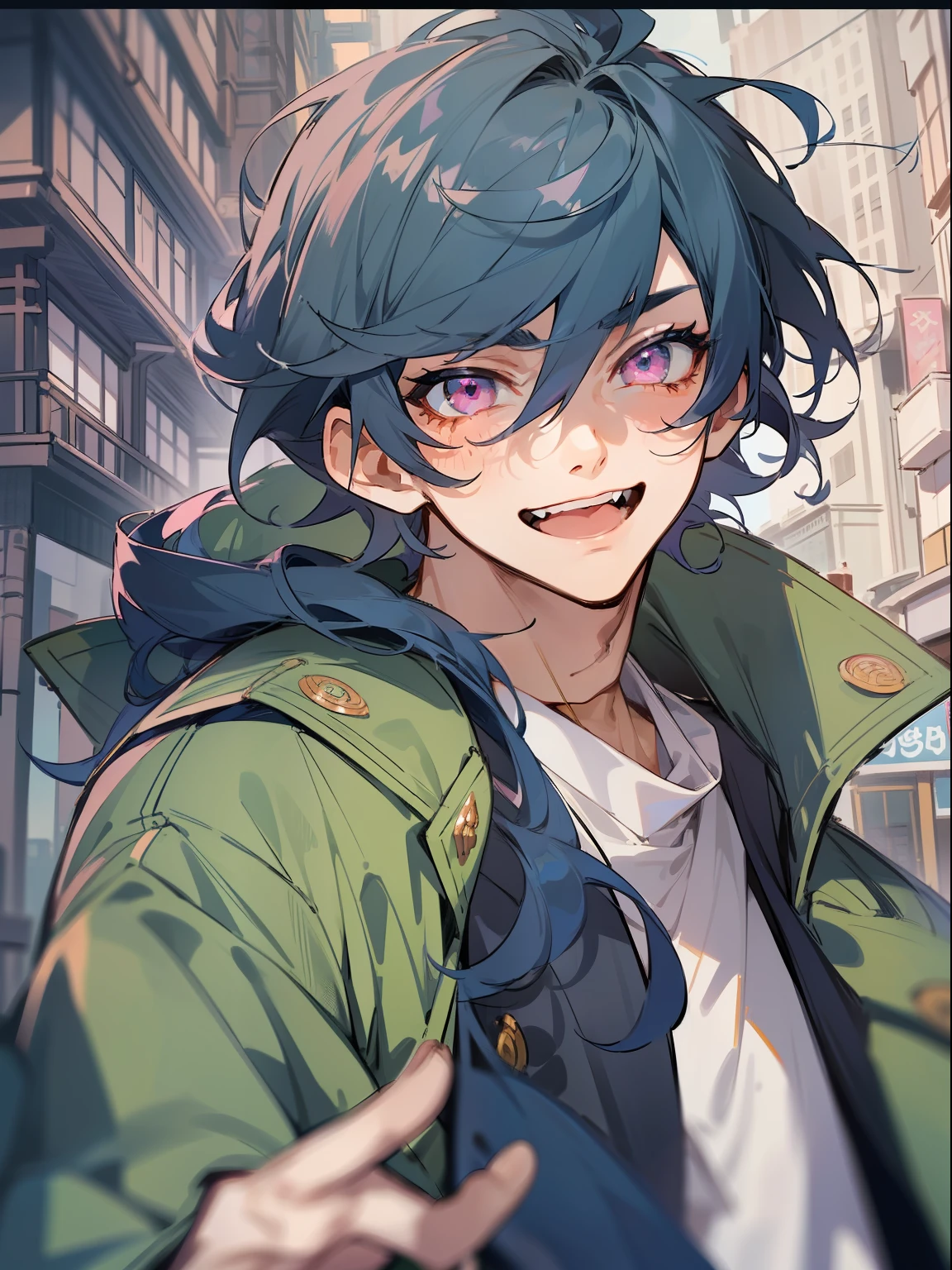 Ultra Detail,Haig Quality,sketch,1boy,matured male,Beautiful face,(Navy blue hair,Outer hair:1.3),Handsome men,Pearl skin,black tshirt,Moss Green Mod Coat,Dynamic Angle,Japan Anime,Pink eyes,Laugh,Like a cat's eye,city,male in his 20s,