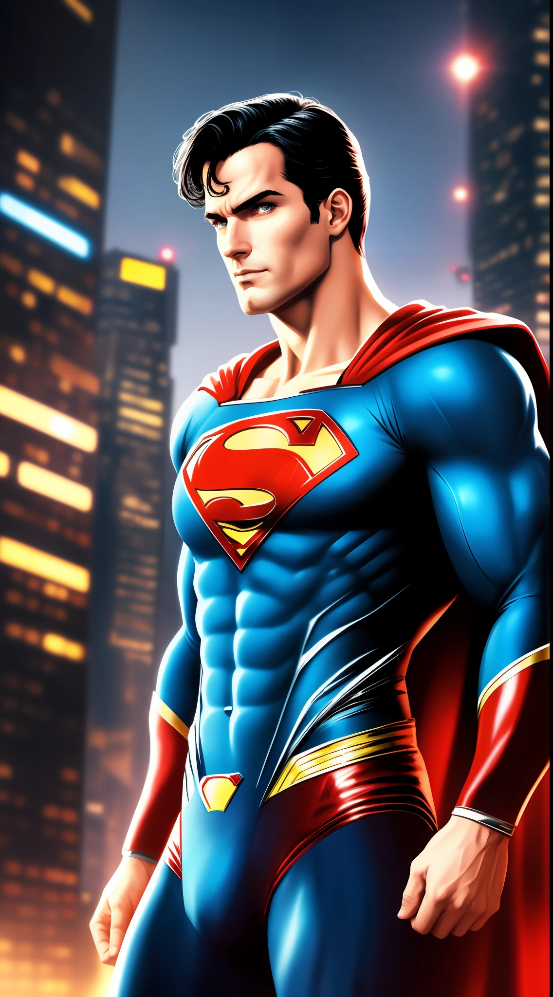 Stylish Superman in the air with cyberpunk background,8k ultra hd wallpaper, realistic