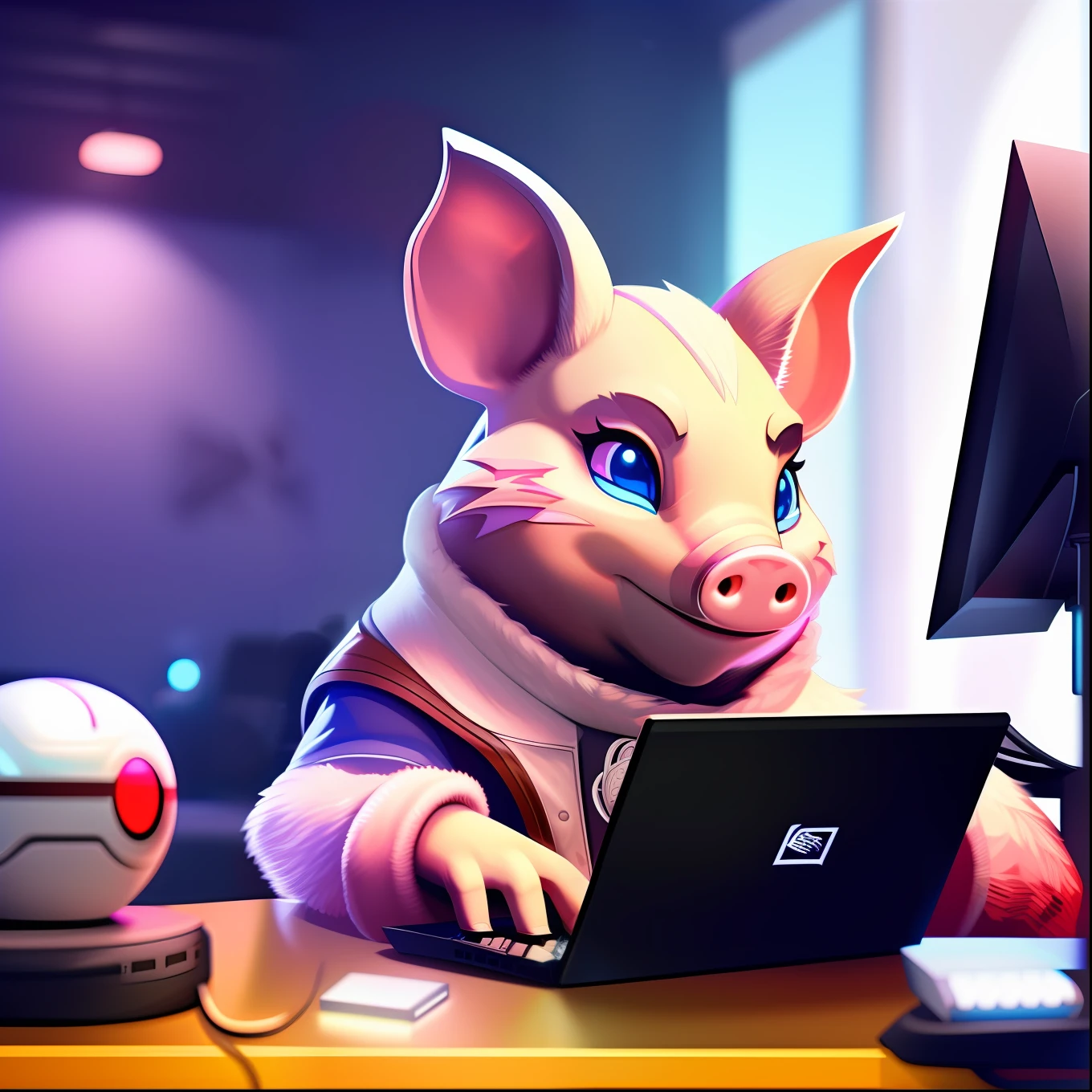 best qualtiy,(Ultra-detailed 8k art:1.05),e-Sport,A pig sits in front of a computer playing a game,mouse,keyboards,Slap the table angrily,league of legend,Cool,adolable,the detail