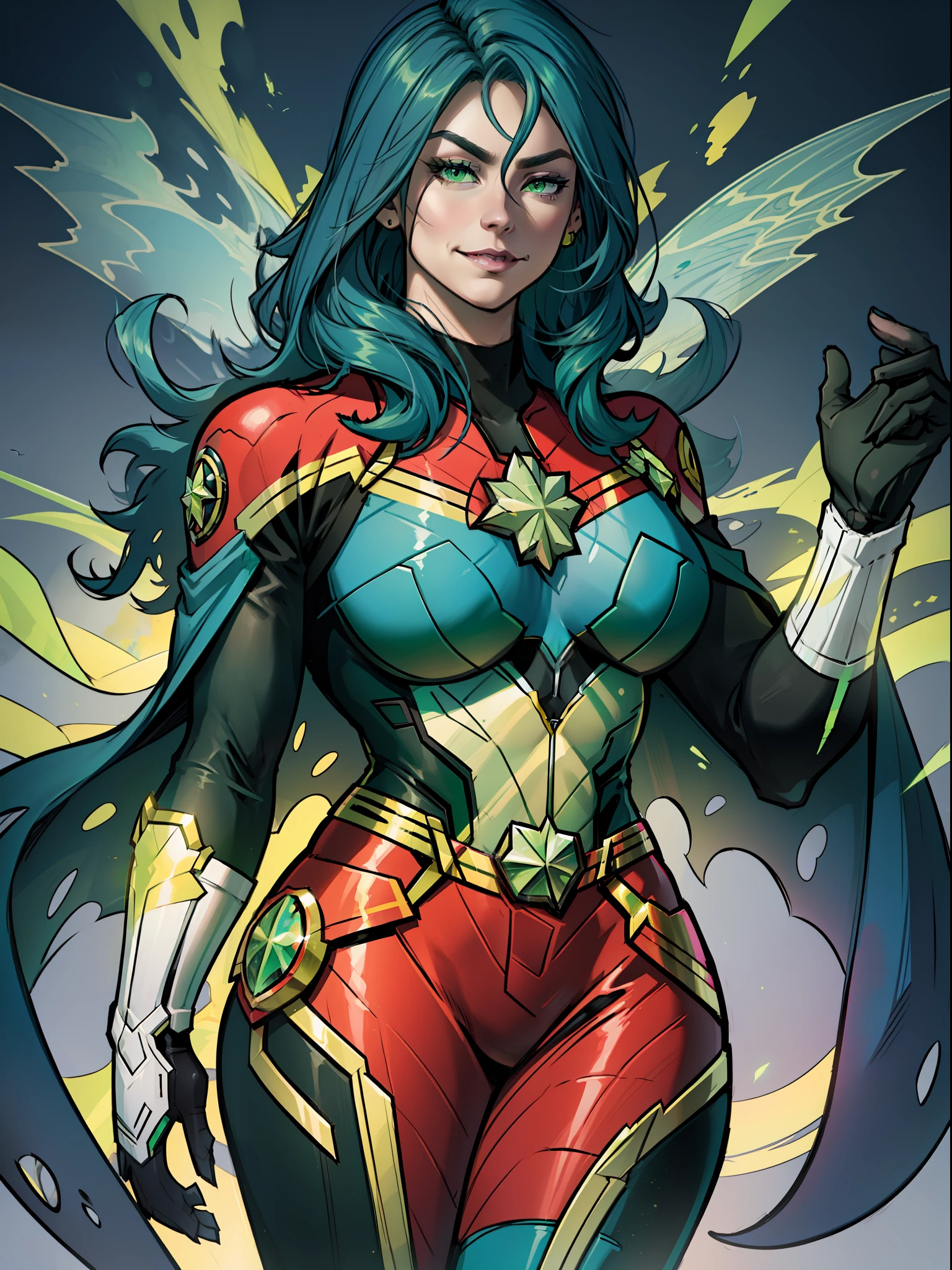 Queen Chrysalis, Huge-breasts, Lush breasts, Elastic breasts, hairlong, Luxurious hairstyle, In the costume of Captain Marvel, black and green suit, Elegant boots, in the sky, Suprevillain, brawn, in full height, smirk, Magic, Flight beam, beste-Qualit, Very detailed, 8K quality, in full height