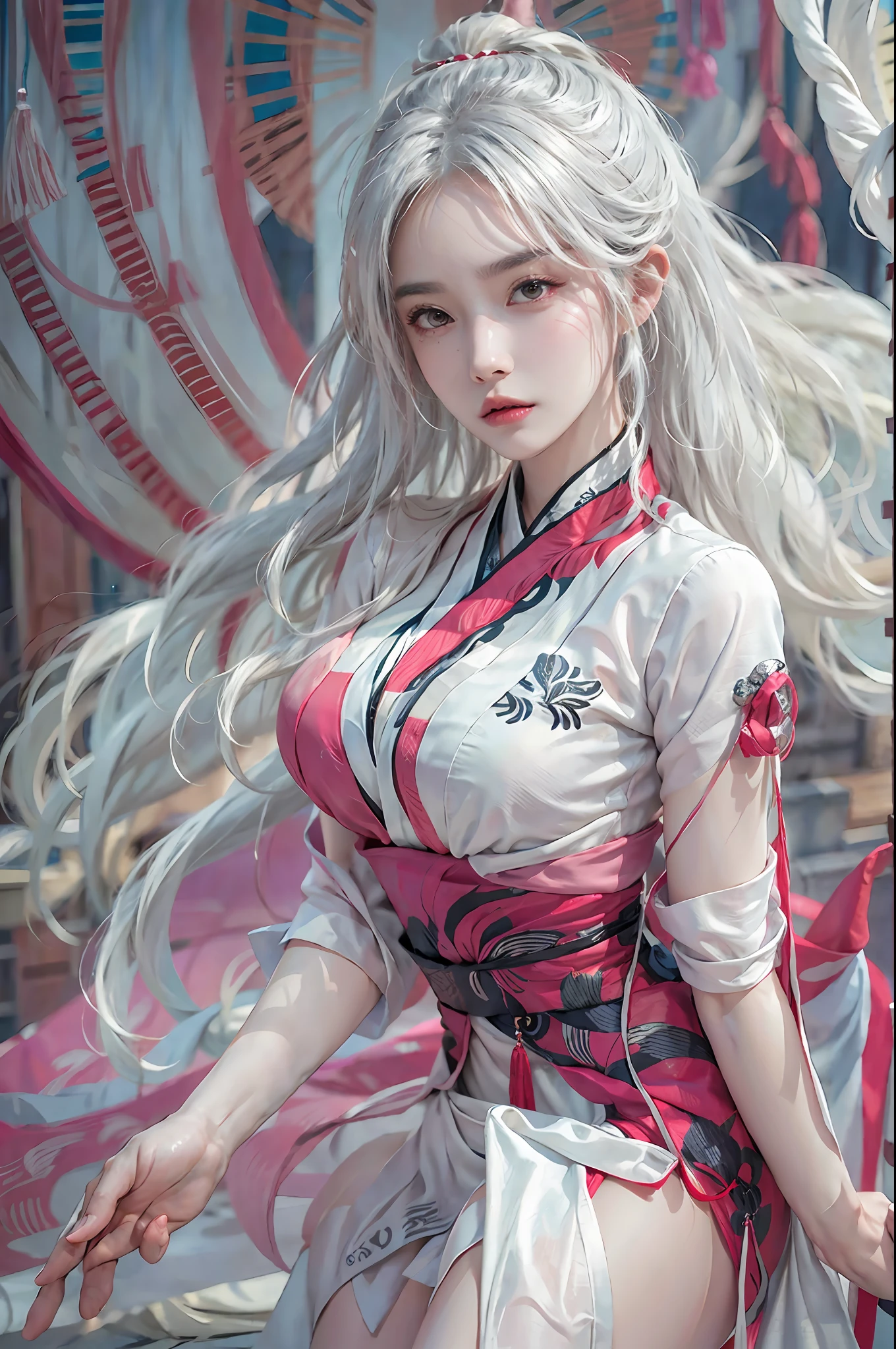 photorealistic, high resolution, 1women, solo, hips up, look at viewer, (detailed face), white hair, long hair, shiranui_mai_suit, pelvic curtain,hand fan