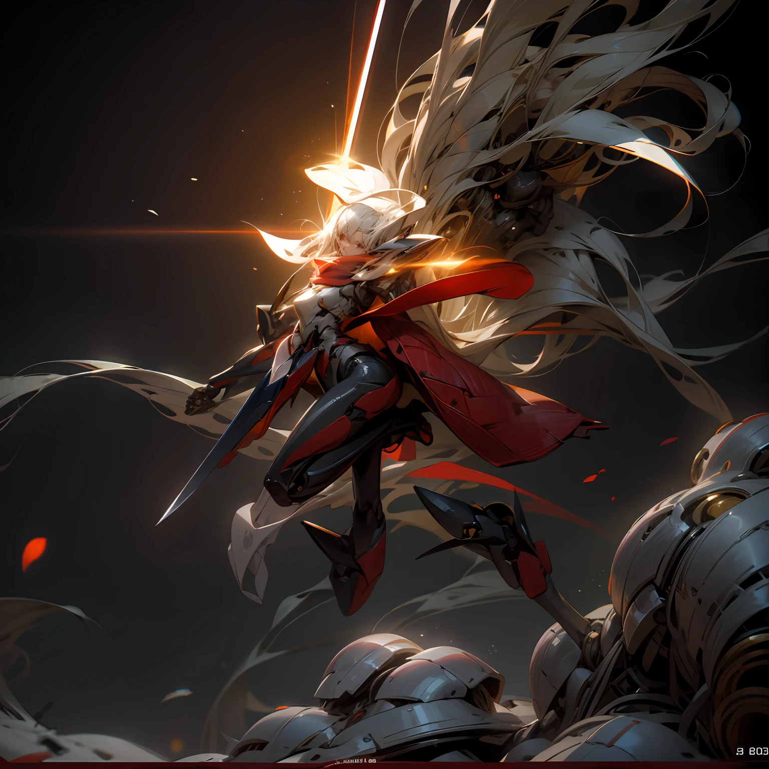 A beautiful game CG with the Doomsday theme as the main body, hyper-detailed, this is a light black and light white complex structure of the mecha, its hands hold a broad heavy armor sword, emitting a fiery red light: 1.2, the eyes emit dazzling red light: 0.8, 3D two-dimensional drawing, the scarf of breaking waves sways with the wind, anime drawing, chiaroscuro, light special effects, mecha detailed and exquisite, mecha face delicate and clear, light source on the eyes, background burning fire of the broken mechanical battlefield