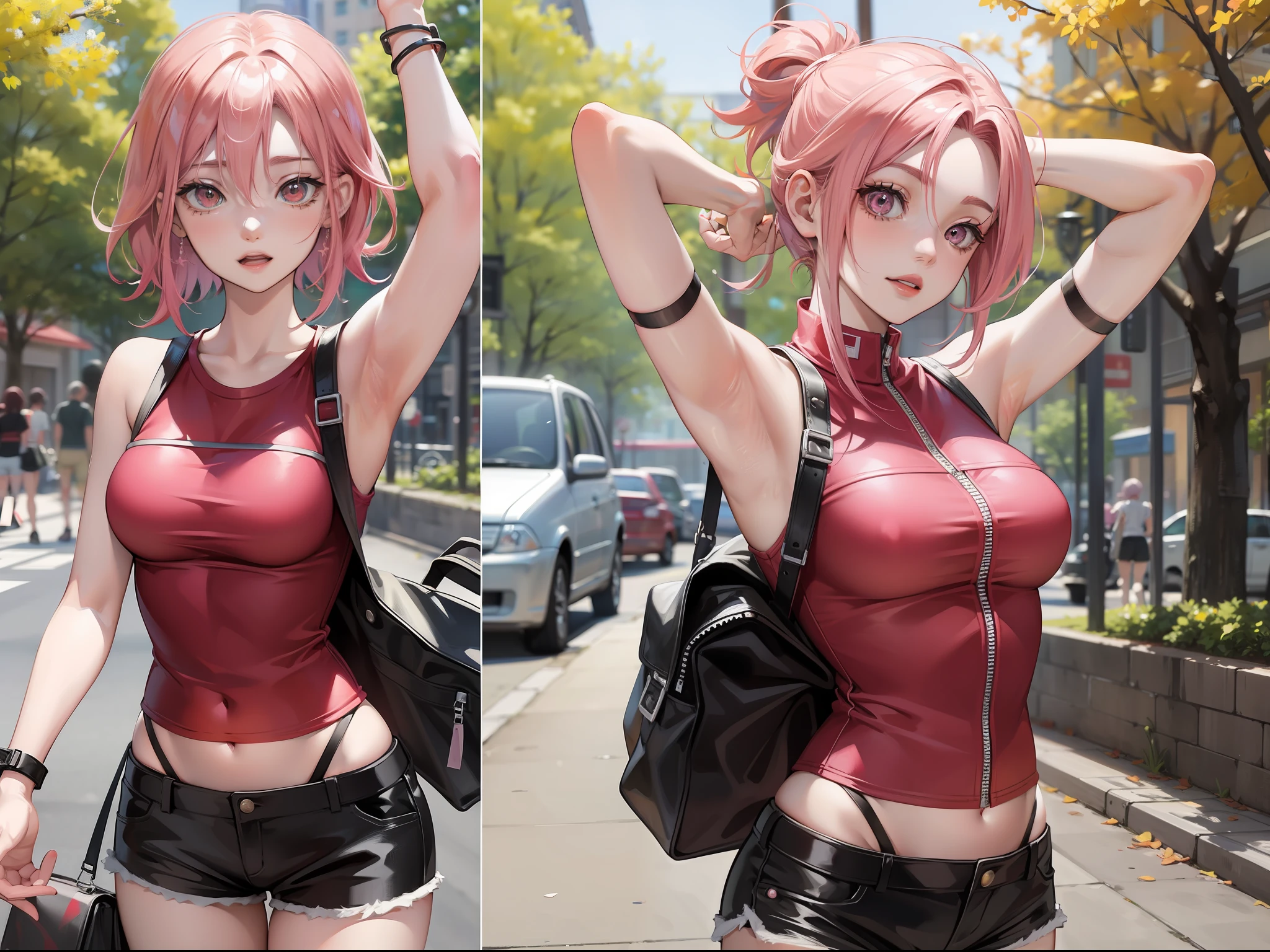Sakura haruno, short hair, pink hair, Red shirts, armpits, shorts, nice, parks, public streets