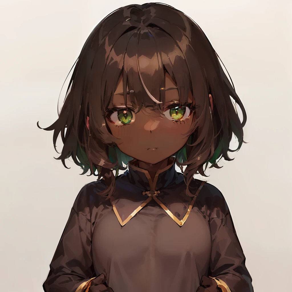 ((独奏))(((​masterpiece、top-quality))),(((((((dark brown skin,Round cheeks))))))),(((A dark-haired、short-hair,Bangs are not aligned))),(((green colored eyes))),(((((Downer System))))),((((Zito-order)))),(((deadpan))),((10yaers old)),((disheveled hair)),(((Lori))),(((swordsmen)))