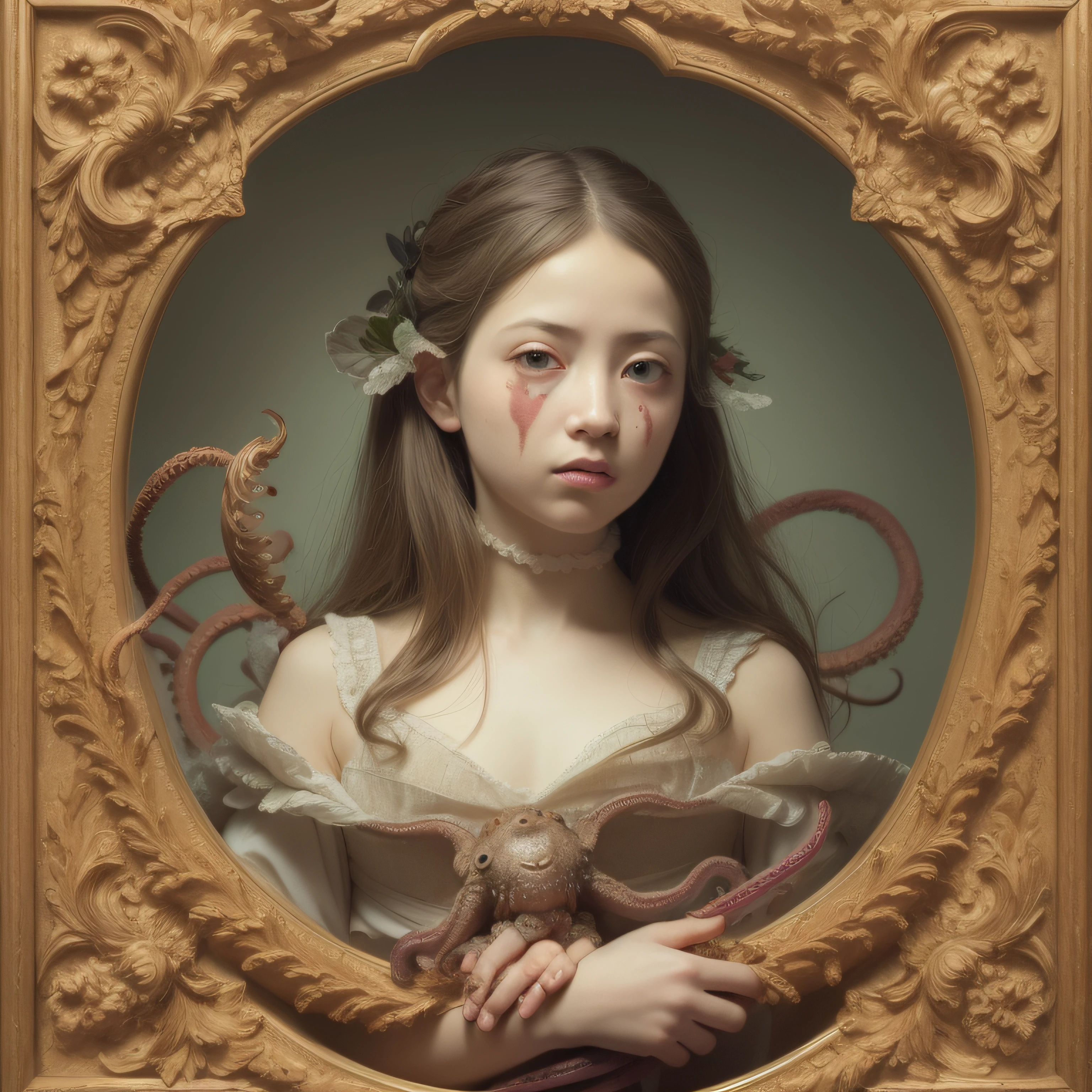 (extremadamente detallado, obra maestra, La mejor calidad), Estilo oscuro, intense illumination, rostro con arrugas, lengua larga, tentacle, deforme, monstruoso, un muerto con Colmillos finos, momia amenazante. Rococo composition. Luz de caravaggio