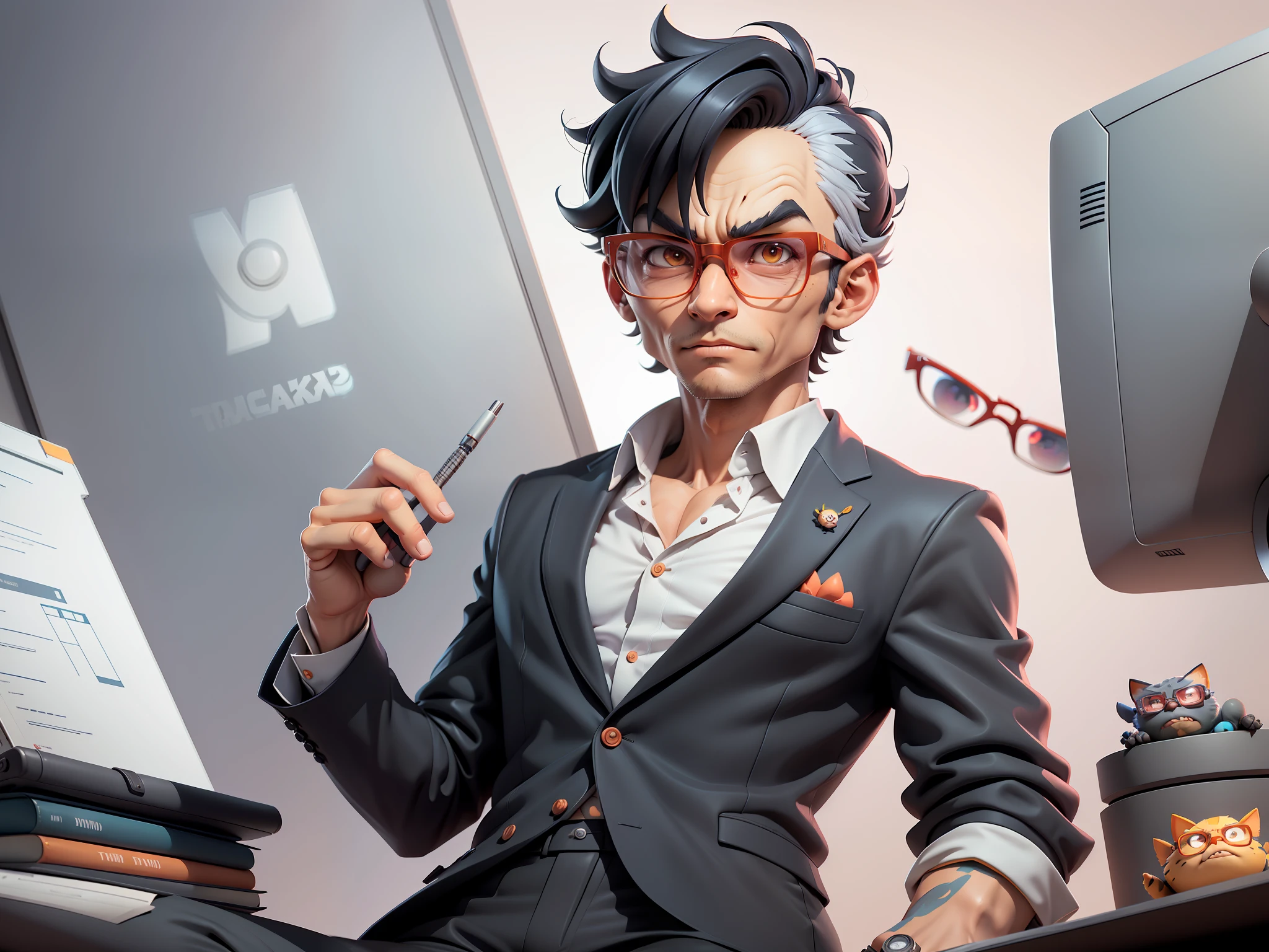 A young man in a suit and pants, Short hair and glasses sat at his desk,holding laptop,digitial painting,tigre,3D character design by Mark Clairen and Pixar and Hayao Miyazaki and Akira Toriyama,4K HD illustration,Very detailed facial features and cartoon-style visuals。