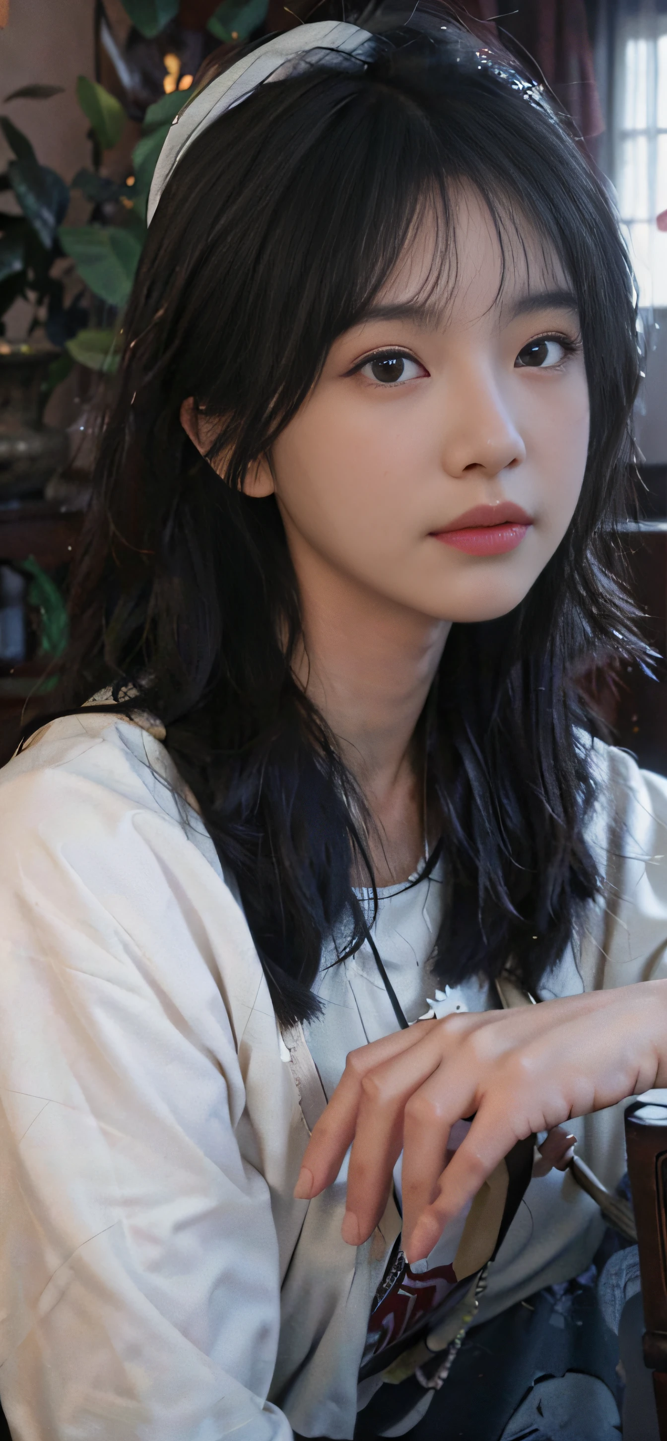 (RAW photo, best quality), (realistic, photo-realistic:1.3),best quality,highly detailed,masterpiece,ultra-detailed,illustration,1girl,upper_body,dynamic angle,world masterpiece theater,messy_long_hair,best quality,extremely detailed CG unity 8k wallpaper,ink,Amazing,cinematic lighting,lens_flare,,dunhuang_style
