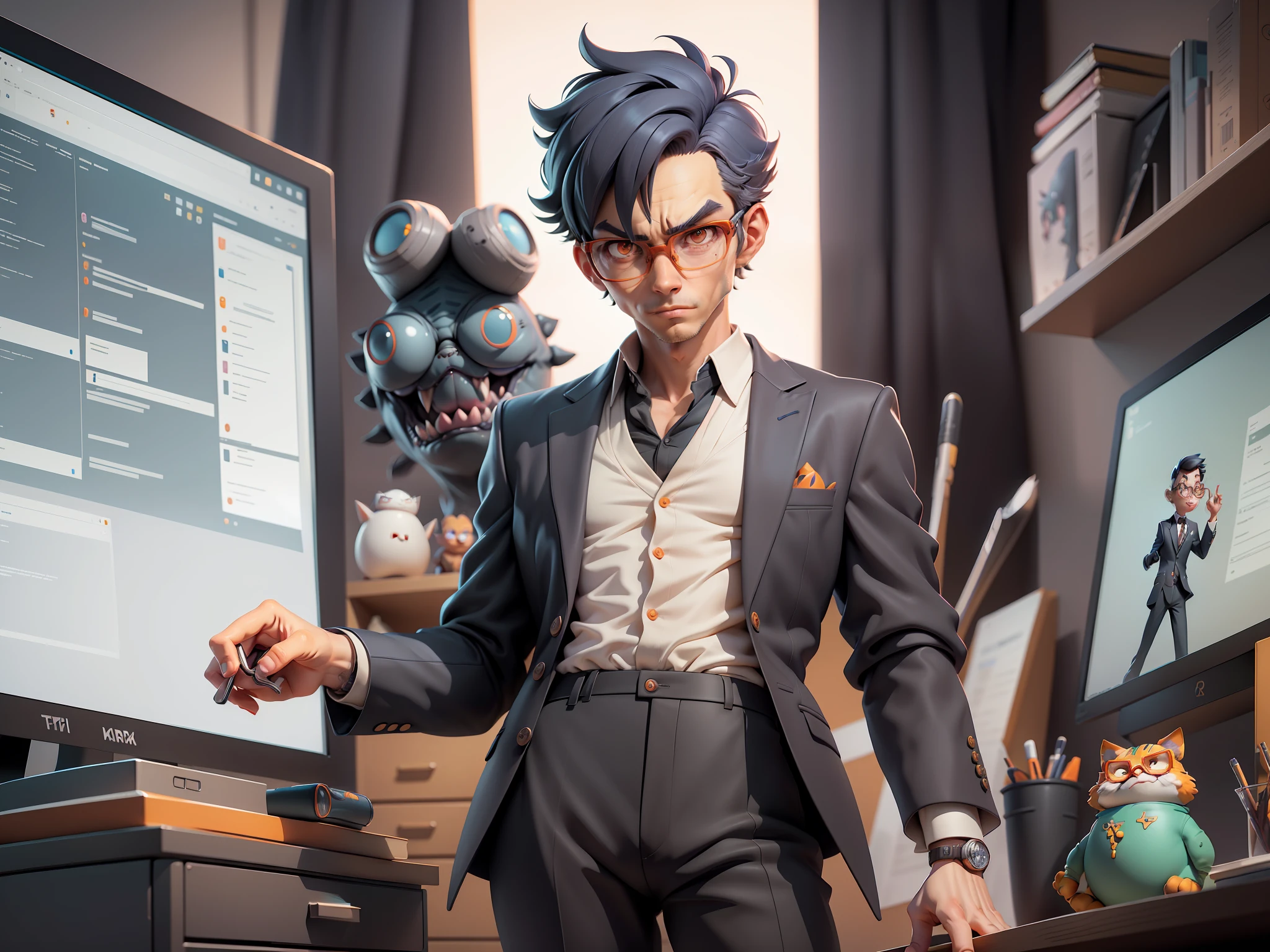 A young man in a suit and pants, Short hair and glasses sat at his desk,holding laptop,digitial painting,tigre,3D character design by Mark Clairen and Pixar and Hayao Miyazaki and Akira Toriyama,4K HD illustration,Very detailed facial features and cartoon-style visuals。
